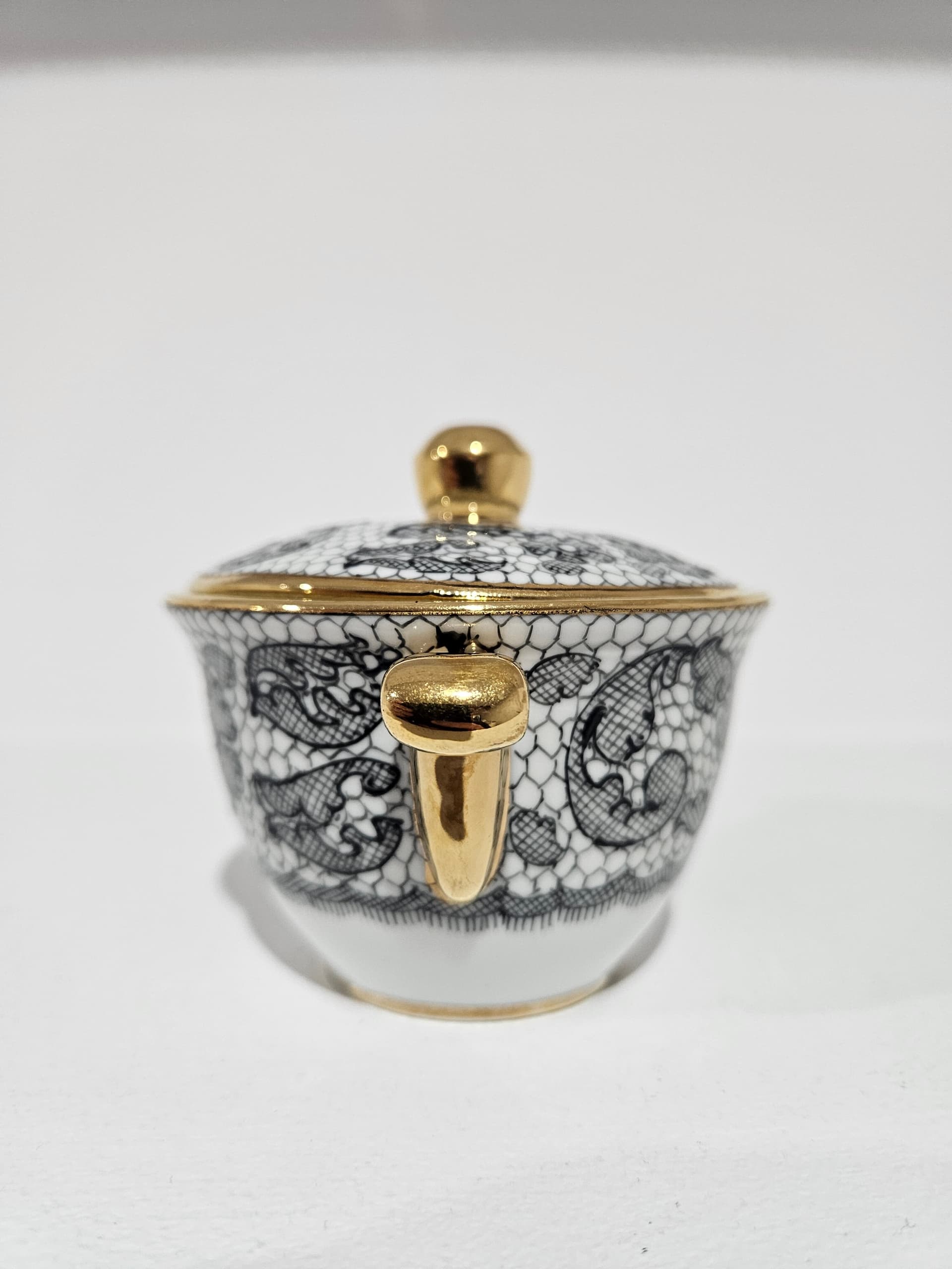 Sugar Bowl Limoges Marcel Rochas, white black gold, porcelain gilt, Tallec, France, 1950s - 366080
