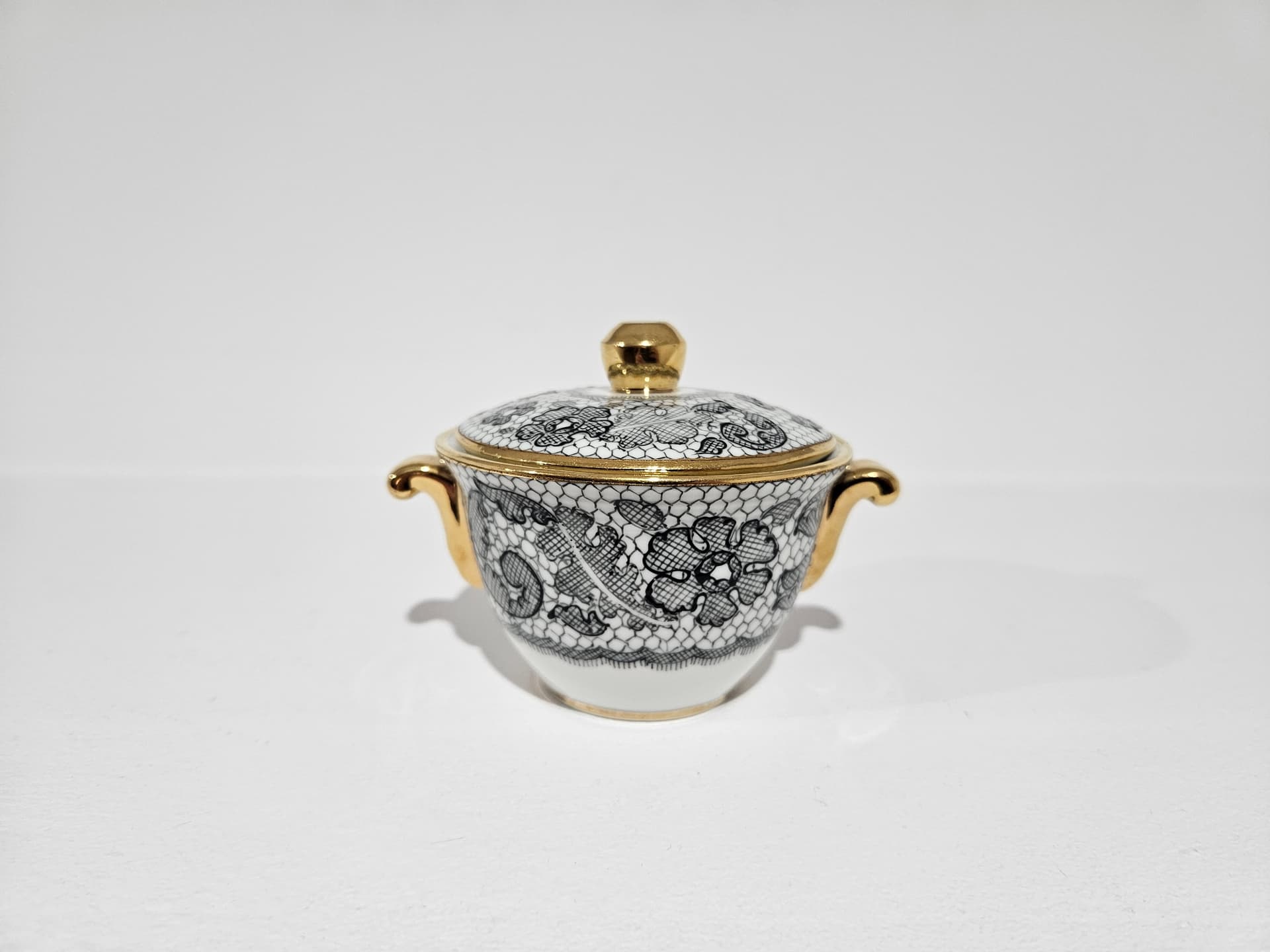 Sugar Bowl Limoges Marcel Rochas, white black gold, porcelain gilt, Tallec, France, 1950s - 366078