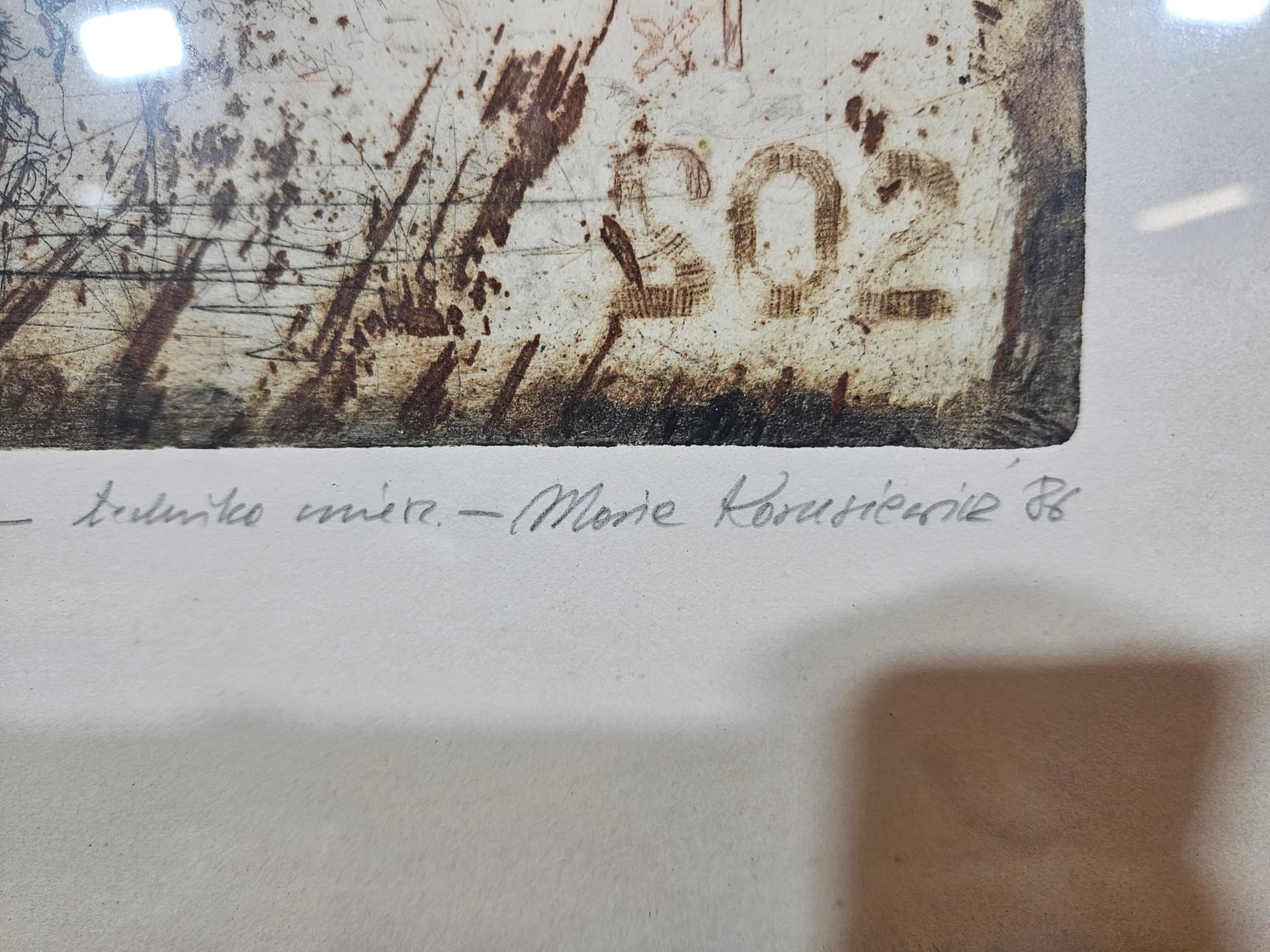 Print Kartka z muzeum, brown paper, gold wood frame, by M. Korusiewicz, Poland, 1980s - 366106