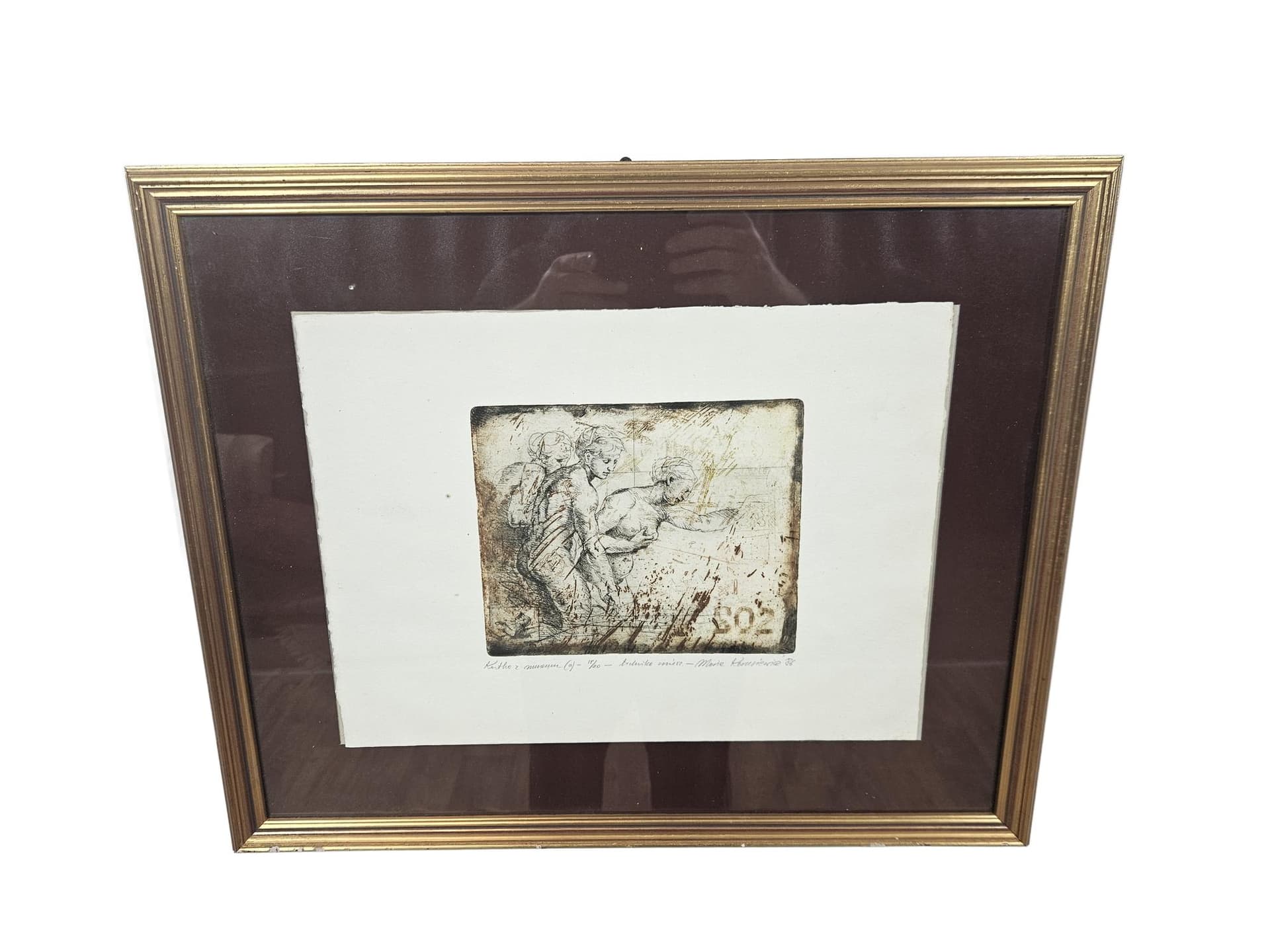 Print Kartka z muzeum, brown paper, gold wood frame, by M. Korusiewicz, Poland, 1980s