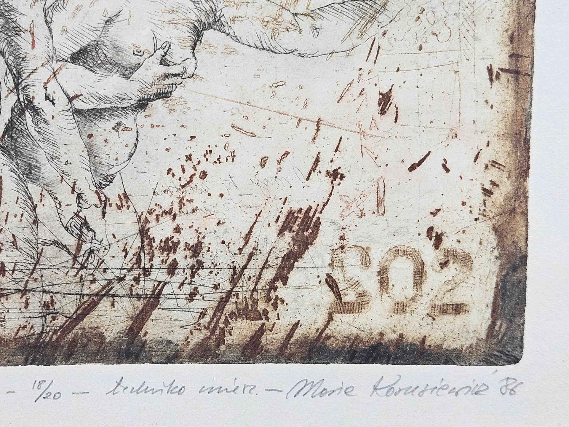 Print Kartka z muzeum, brown paper, gold wood frame, by M. Korusiewicz, Poland, 1980s - 366112