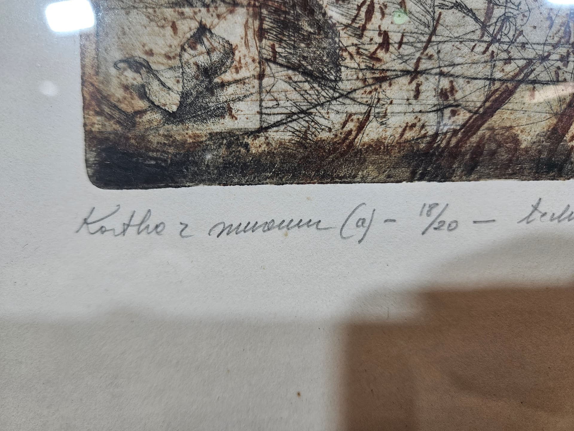 Print Kartka z muzeum, brown paper, gold wood frame, by M. Korusiewicz, Poland, 1980s - 366108
