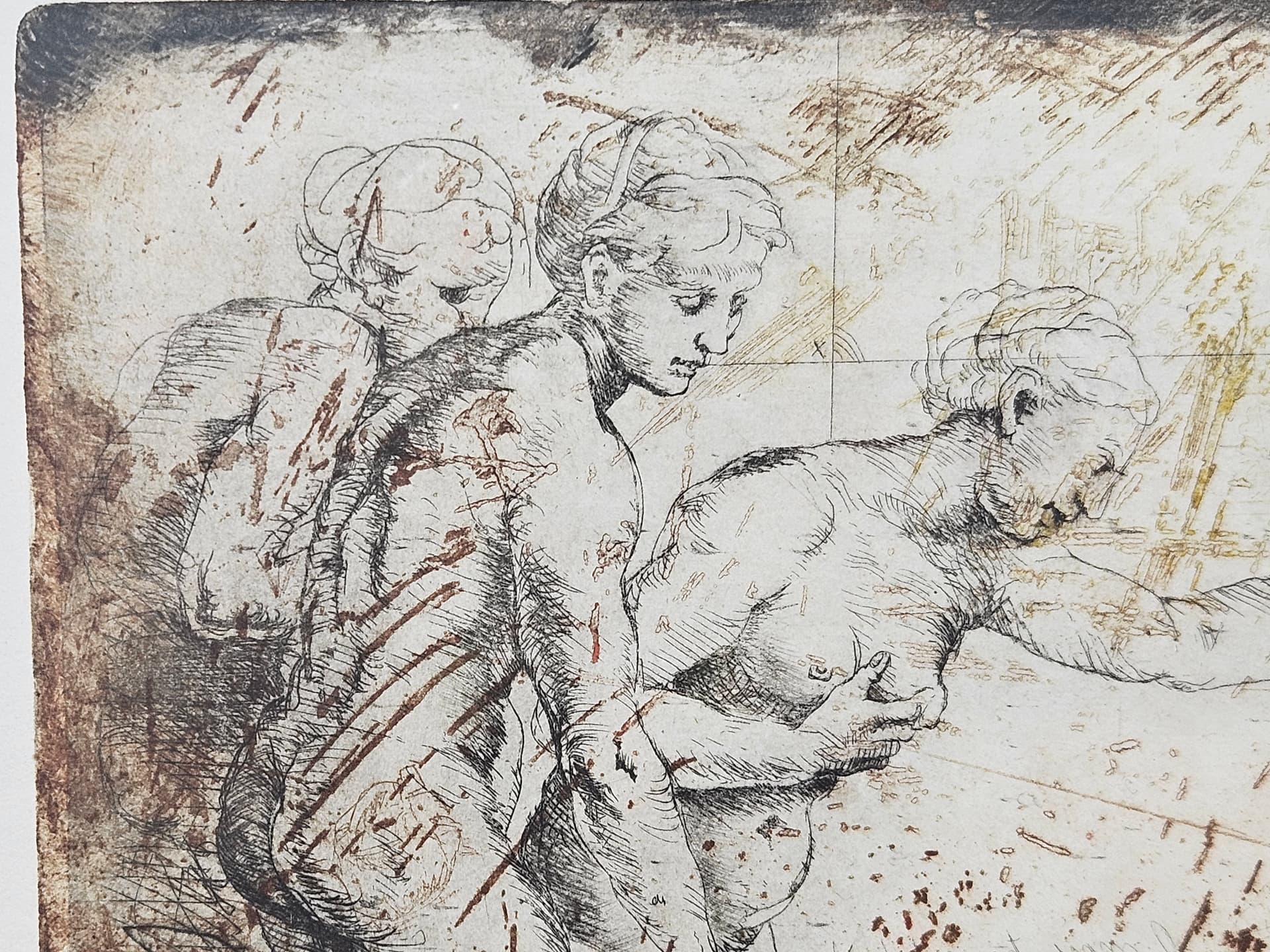 Print Kartka z muzeum, brown paper, gold wood frame, by M. Korusiewicz, Poland, 1980s - 366116