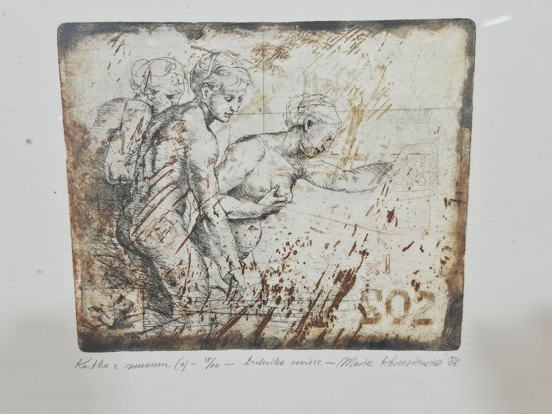 Print Kartka z muzeum, brown paper, gold wood frame, by M. Korusiewicz, Poland, 1980s - 366119
