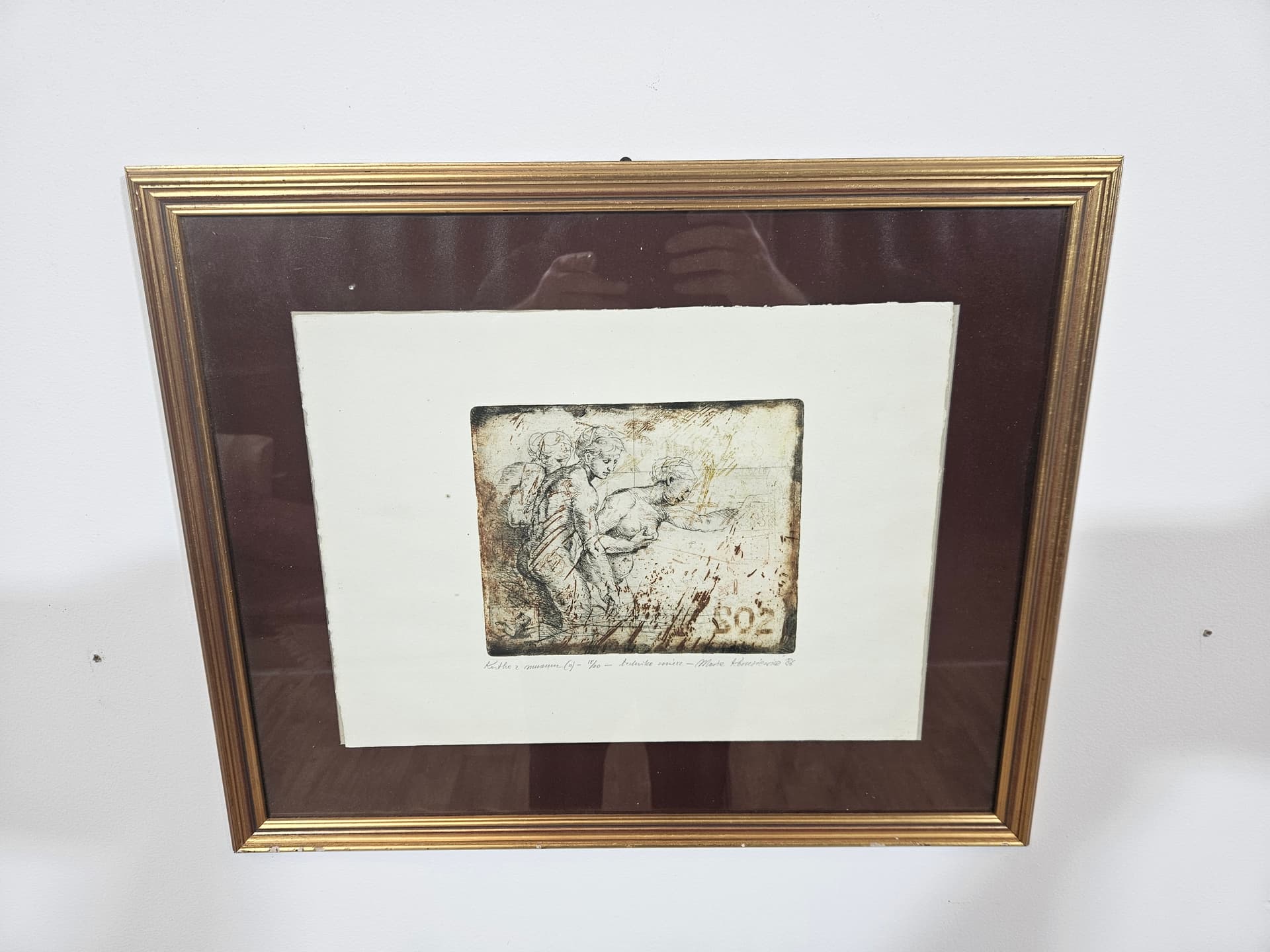 Print Kartka z muzeum, brown paper, gold wood frame, by M. Korusiewicz, Poland, 1980s - 366118