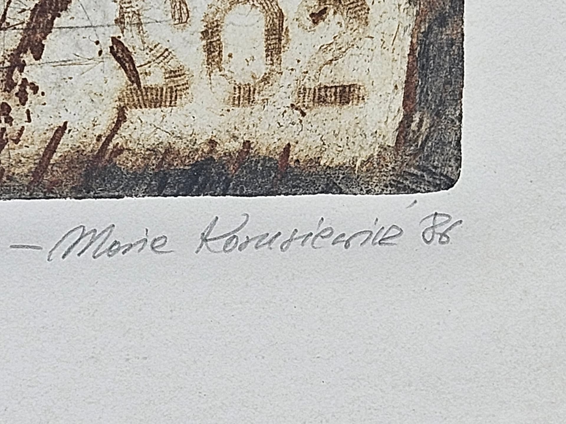 Print Kartka z muzeum, brown paper, gold wood frame, by M. Korusiewicz, Poland, 1980s - 366111