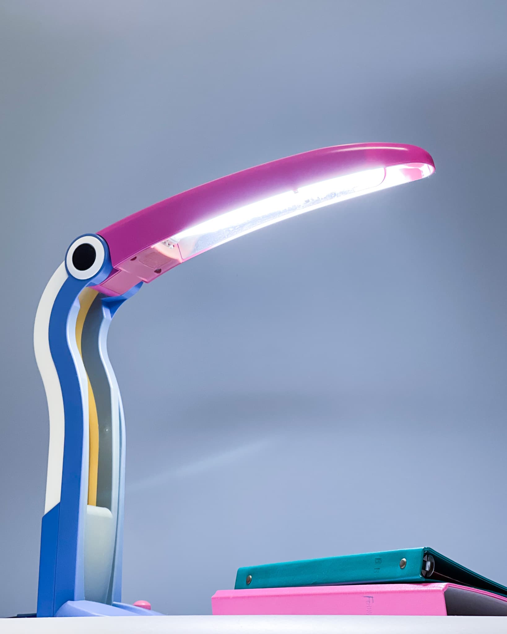 Desk lamp Toucan, blue pink white, plastic, by H.T. Huang, Taiwan, 1980s. - 366209
