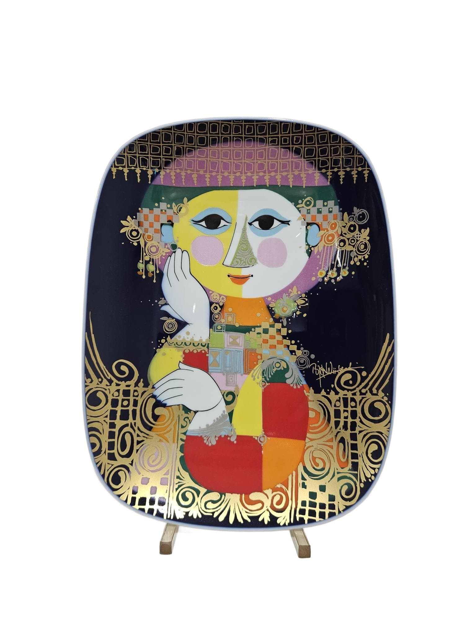 Wall plate 1001 Nights, cobalt porcelain, gilt, by B. Wiinblad, Rosenthal Studio-Linie, Germany, 1970s