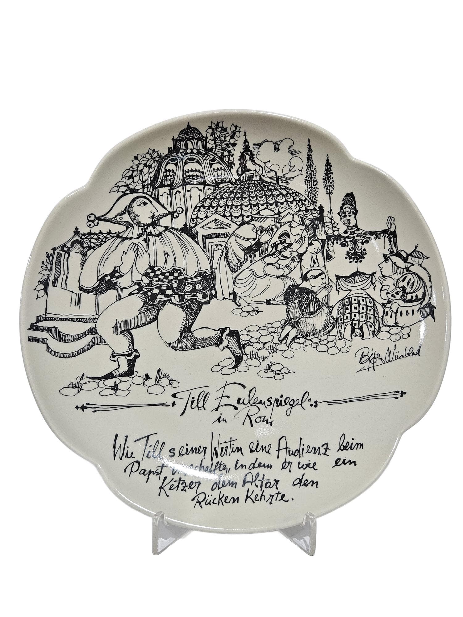 Decorative plate Rosenthal studio-linie, white black, porcelain, by B. Wiinblad, Germany, 1960s
