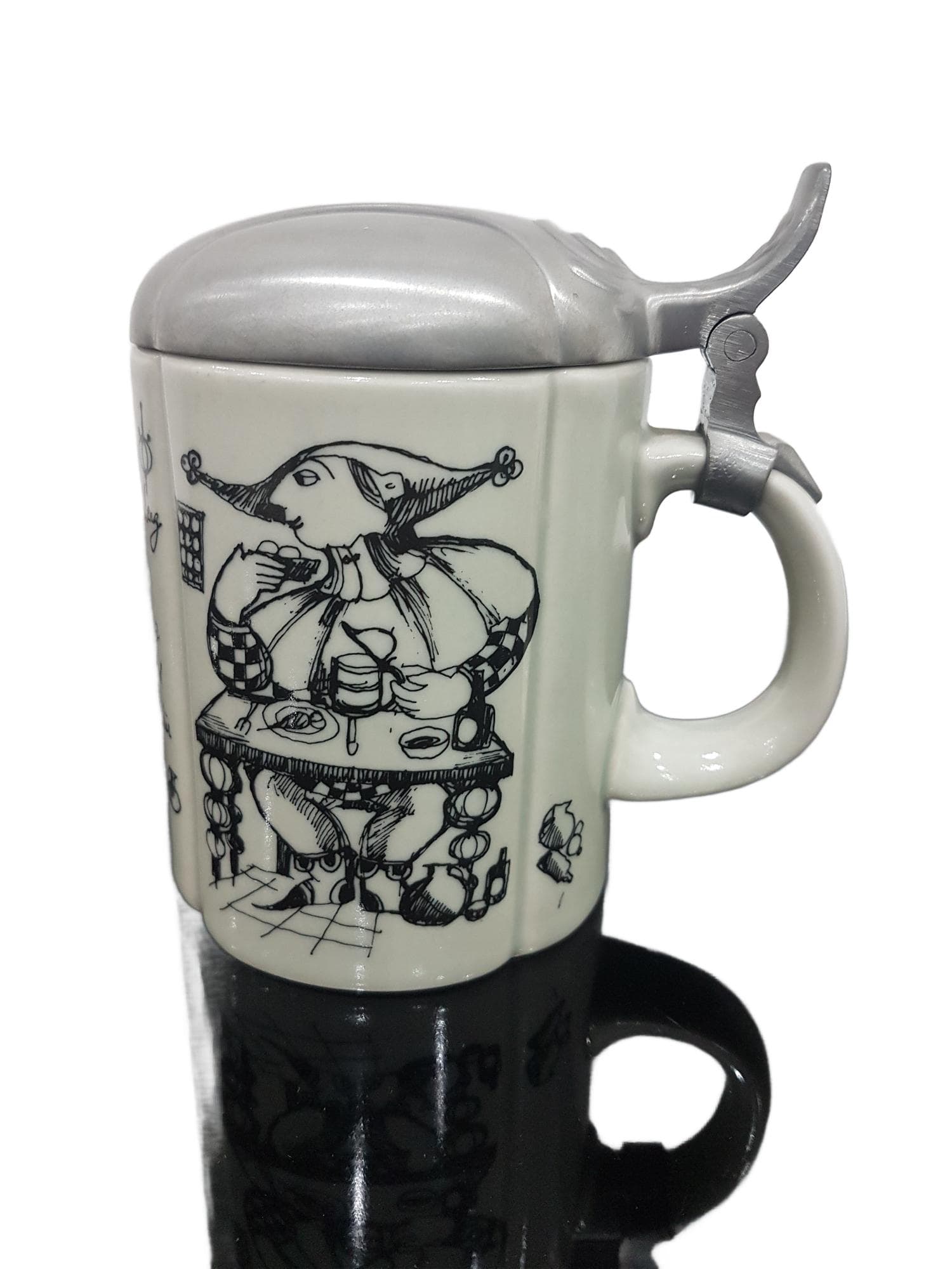 Beer Stein Studio-Line, white ceramic, silver pewter lid, by B. Wiinblad, Rosenthal, Germany, 1960s.