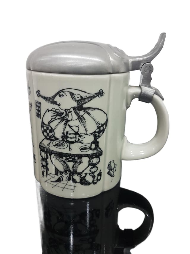 Beer Stein Studio-Line, white ceramic, silver pewter lid, by B. Wiinblad, Rosenthal, Germany, 1960s. - DIMENSION