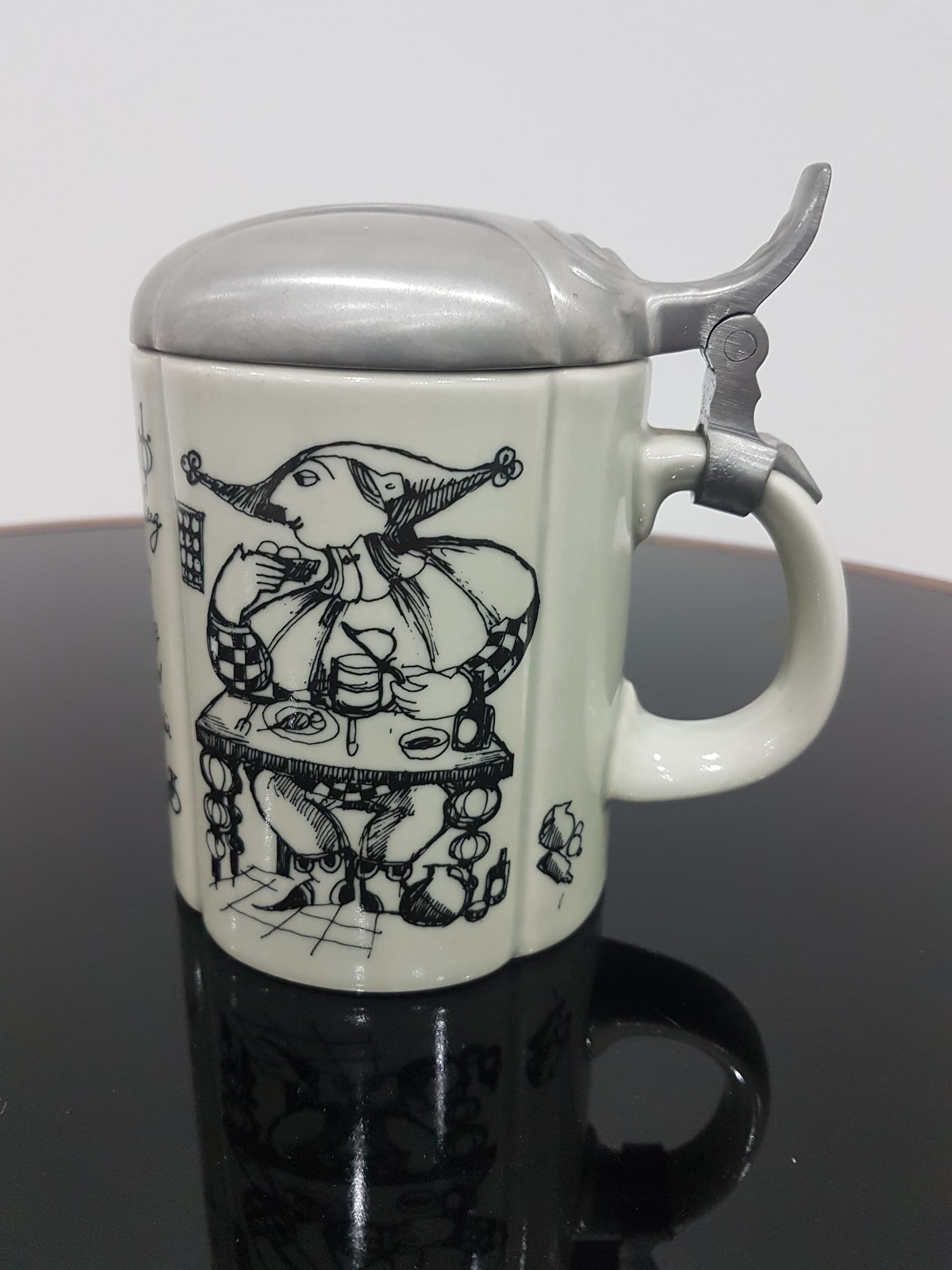 Beer Stein Studio-Line, white ceramic, silver pewter lid, by B. Wiinblad, Rosenthal, Germany, 1960s. - 366409