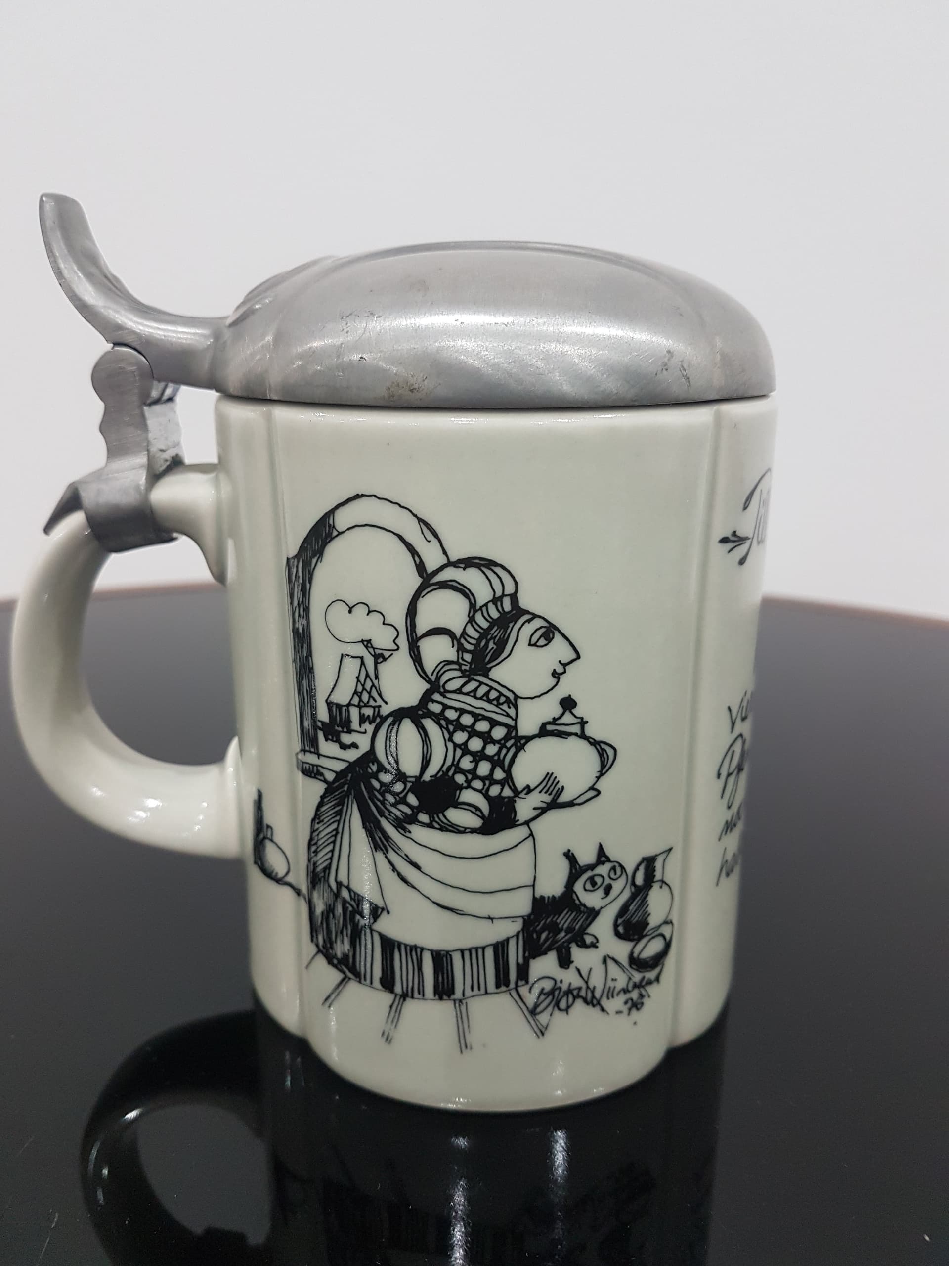 Beer Stein Studio-Line, white ceramic, silver pewter lid, by B. Wiinblad, Rosenthal, Germany, 1960s. - 366410