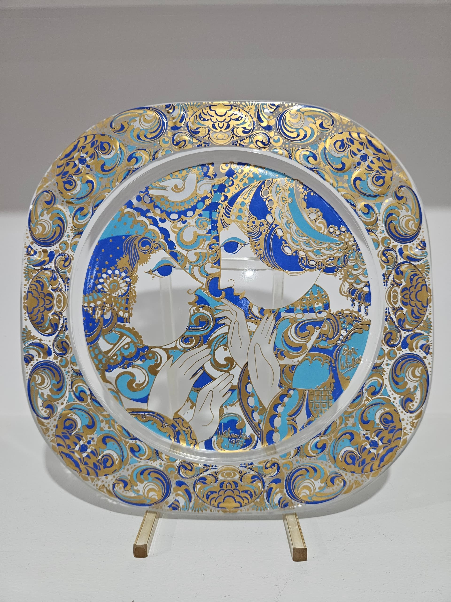 Plate Christmas Plate 29x29 cm, clear crystal, gilding, blue enamel, by B. Wiinblad, Rosenthal, Germany, 1970s. - 366443