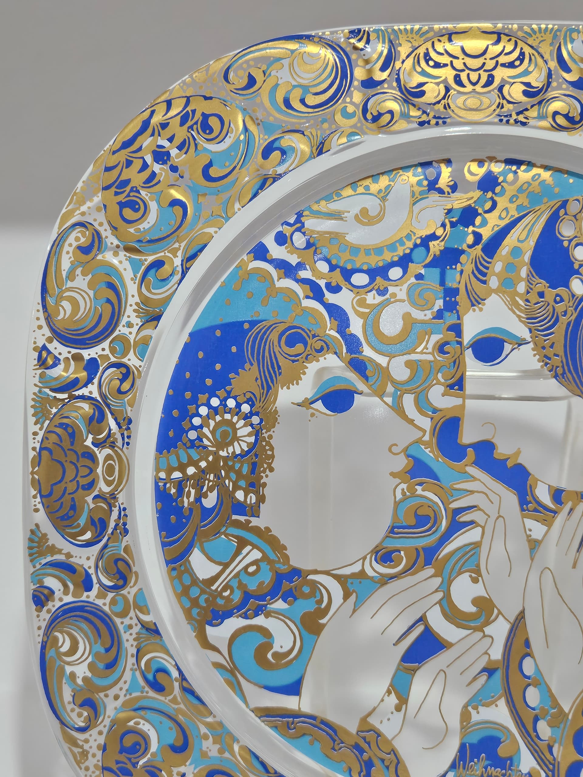 Plate Christmas Plate 29x29 cm, clear crystal, gilding, blue enamel, by B. Wiinblad, Rosenthal, Germany, 1970s. - 366445