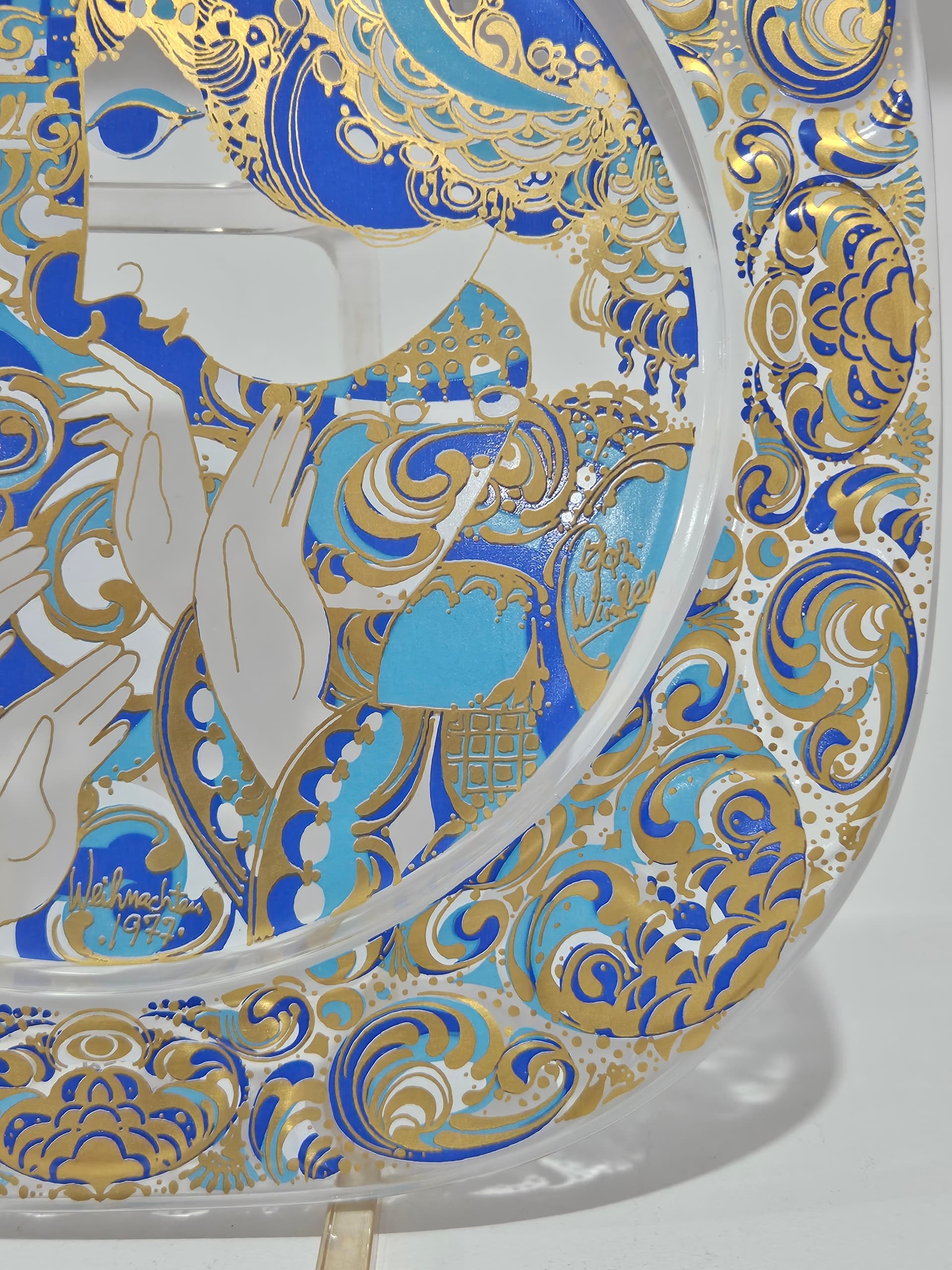 Plate Christmas Plate 29x29 cm, clear crystal, gilding, blue enamel, by B. Wiinblad, Rosenthal, Germany, 1970s. - 366447