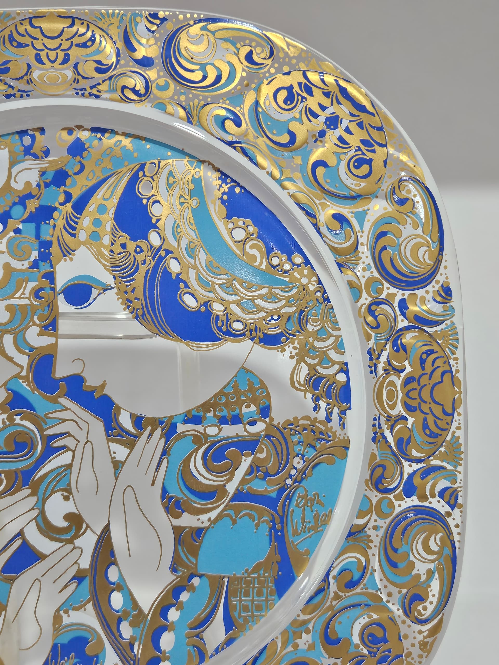 Plate Christmas Plate 29x29 cm, clear crystal, gilding, blue enamel, by B. Wiinblad, Rosenthal, Germany, 1970s. - 366446