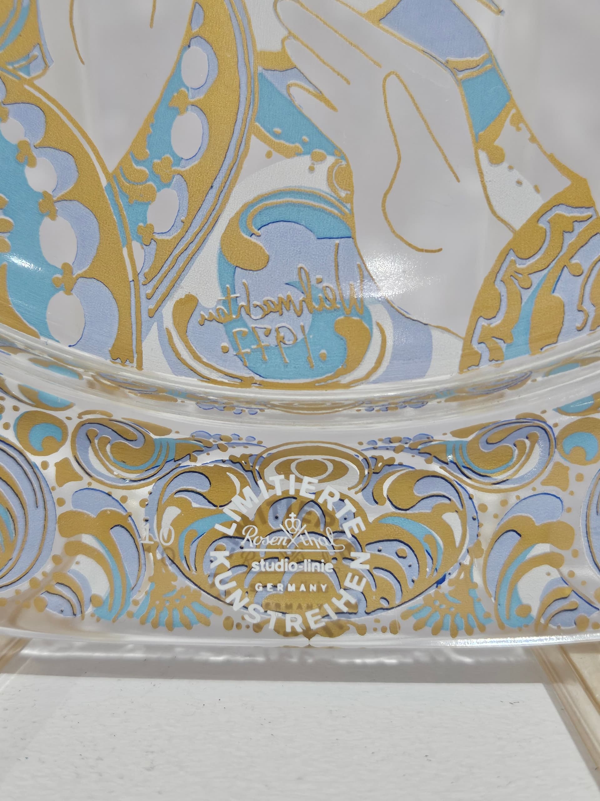 Plate Christmas Plate 29x29 cm, clear crystal, gilding, blue enamel, by B. Wiinblad, Rosenthal, Germany, 1970s. - 366442