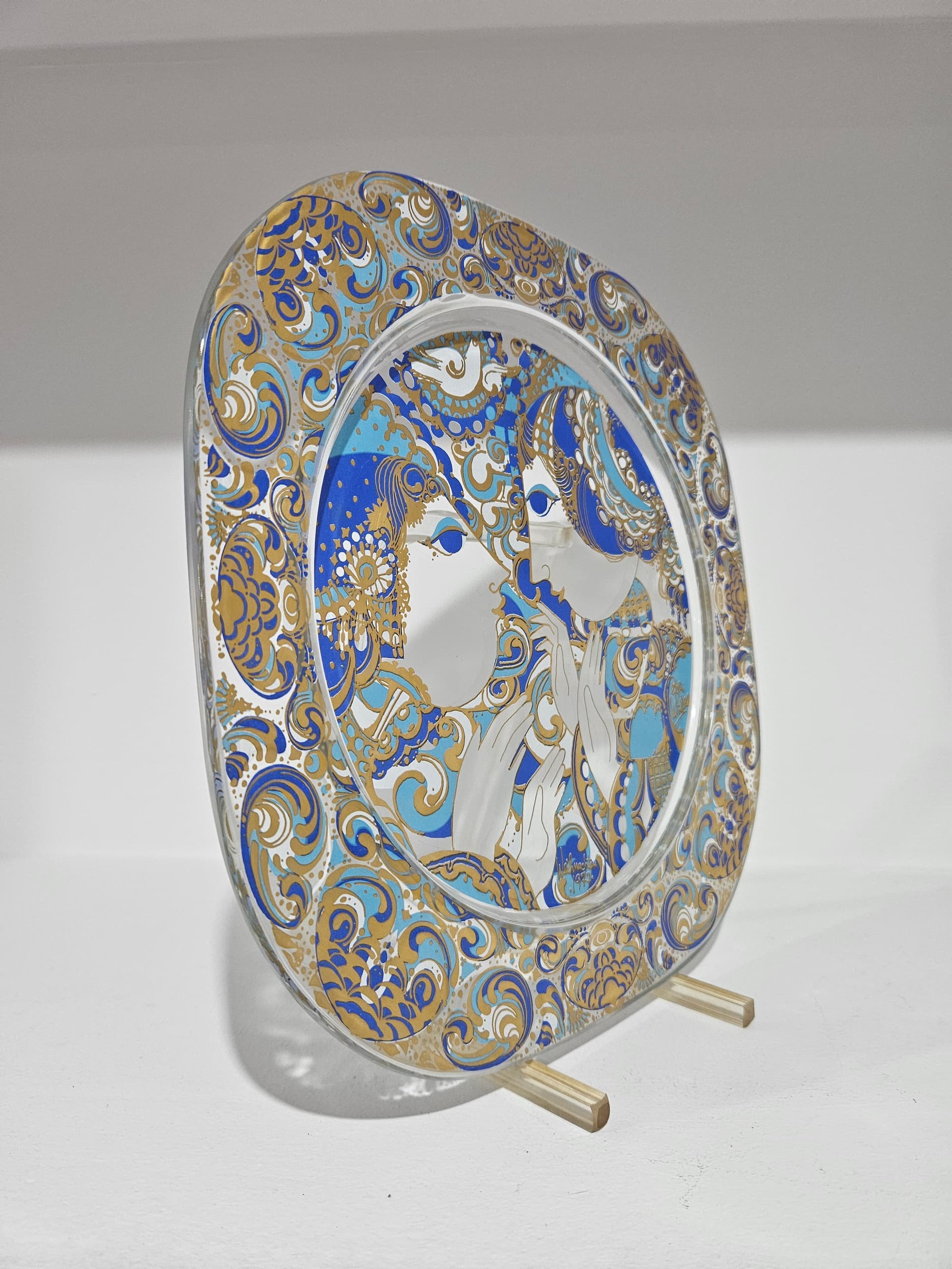 Plate Christmas Plate 29x29 cm, clear crystal, gilding, blue enamel, by B. Wiinblad, Rosenthal, Germany, 1970s. - 366451