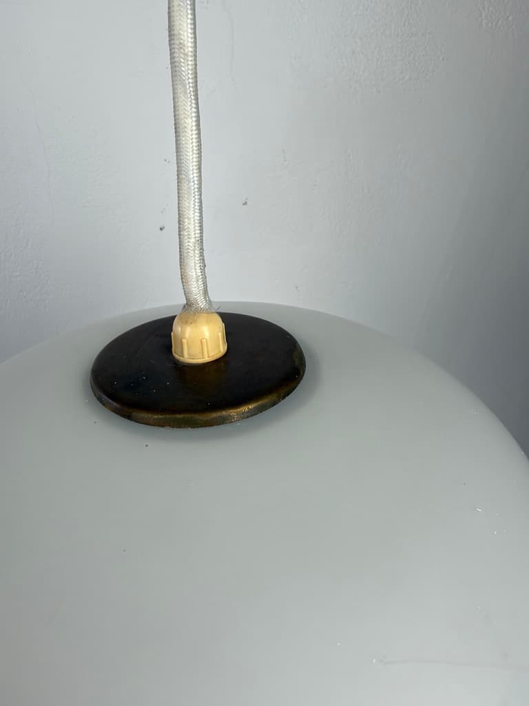 Pendant lamp Radiohus VL45, opal white glass, golden brass, by V. Lauritzen, Louis Poulsen, Denmark, 1940s - 366543