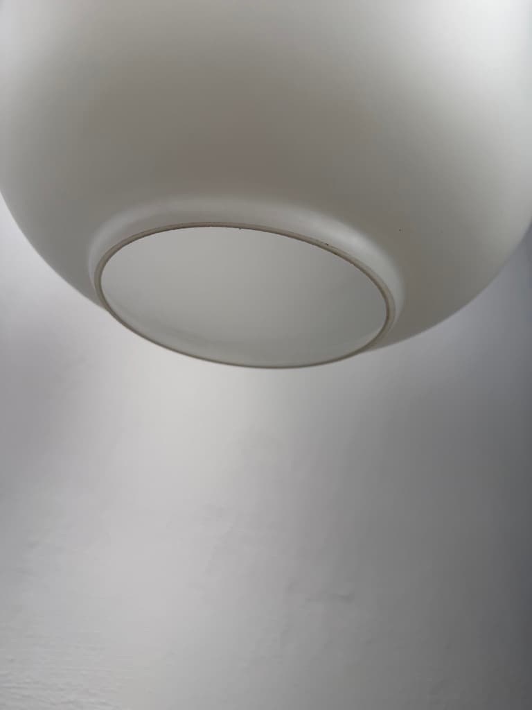 Pendant lamp Radiohus VL45, opal white glass, golden brass, by V. Lauritzen, Louis Poulsen, Denmark, 1940s - 366541