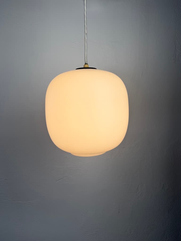 Pendant lamp Radiohus VL45, opal white glass, golden brass, by V. Lauritzen, Louis Poulsen, Denmark, 1940s - 366545