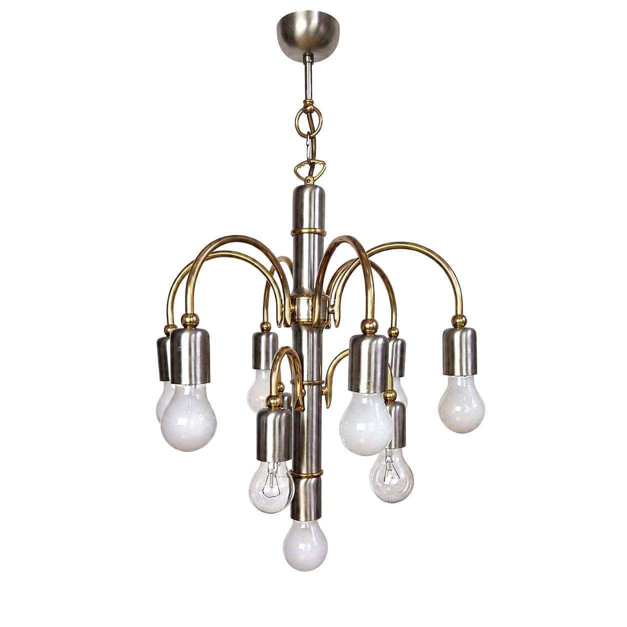 Chandelier, silver gold, steel brass, TZ Leuchten, Germany, 1980s.