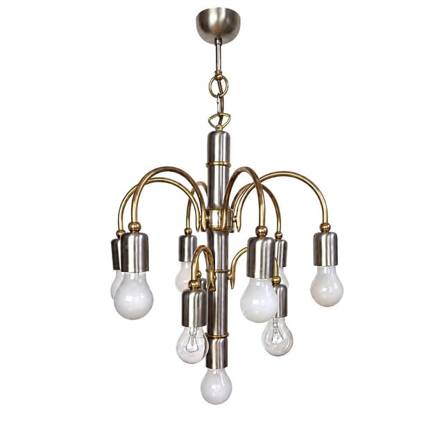 Chandelier, silver gold, steel brass, TZ Leuchten, Germany, 1980s. - DIMENSION