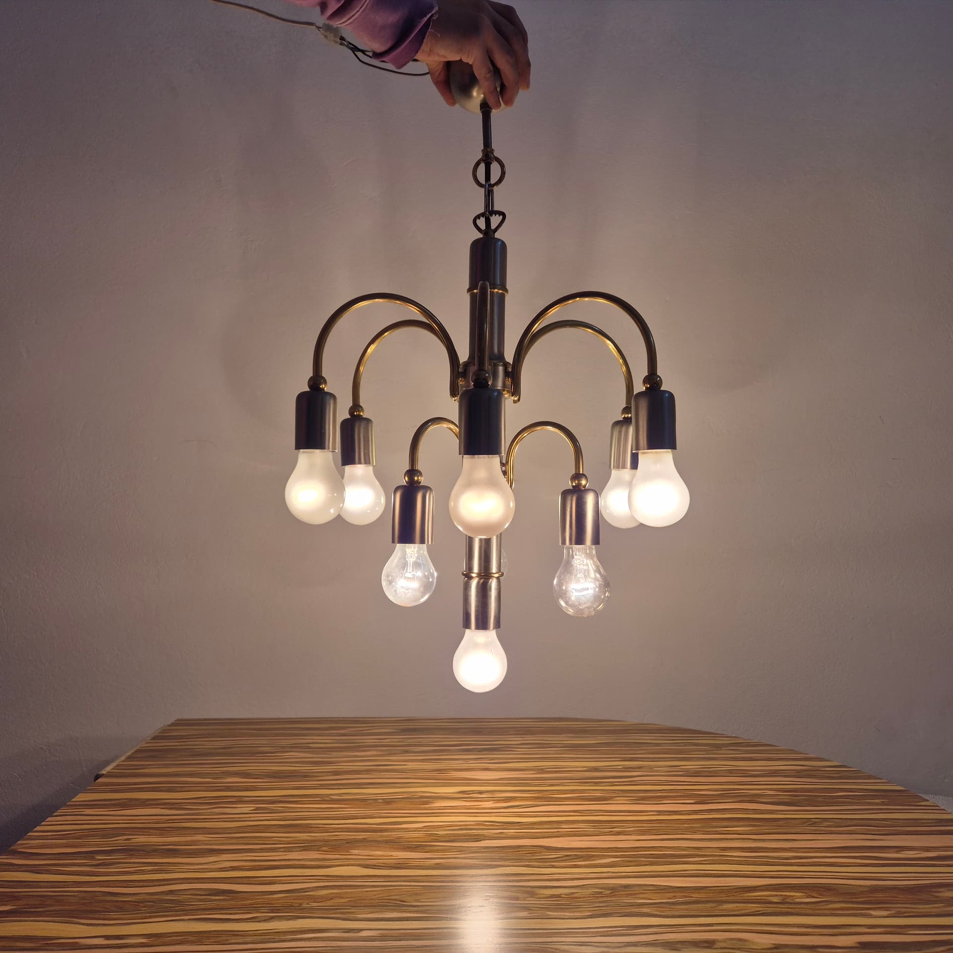 Chandelier, silver gold, steel brass, TZ Leuchten, Germany, 1980s. - 366668