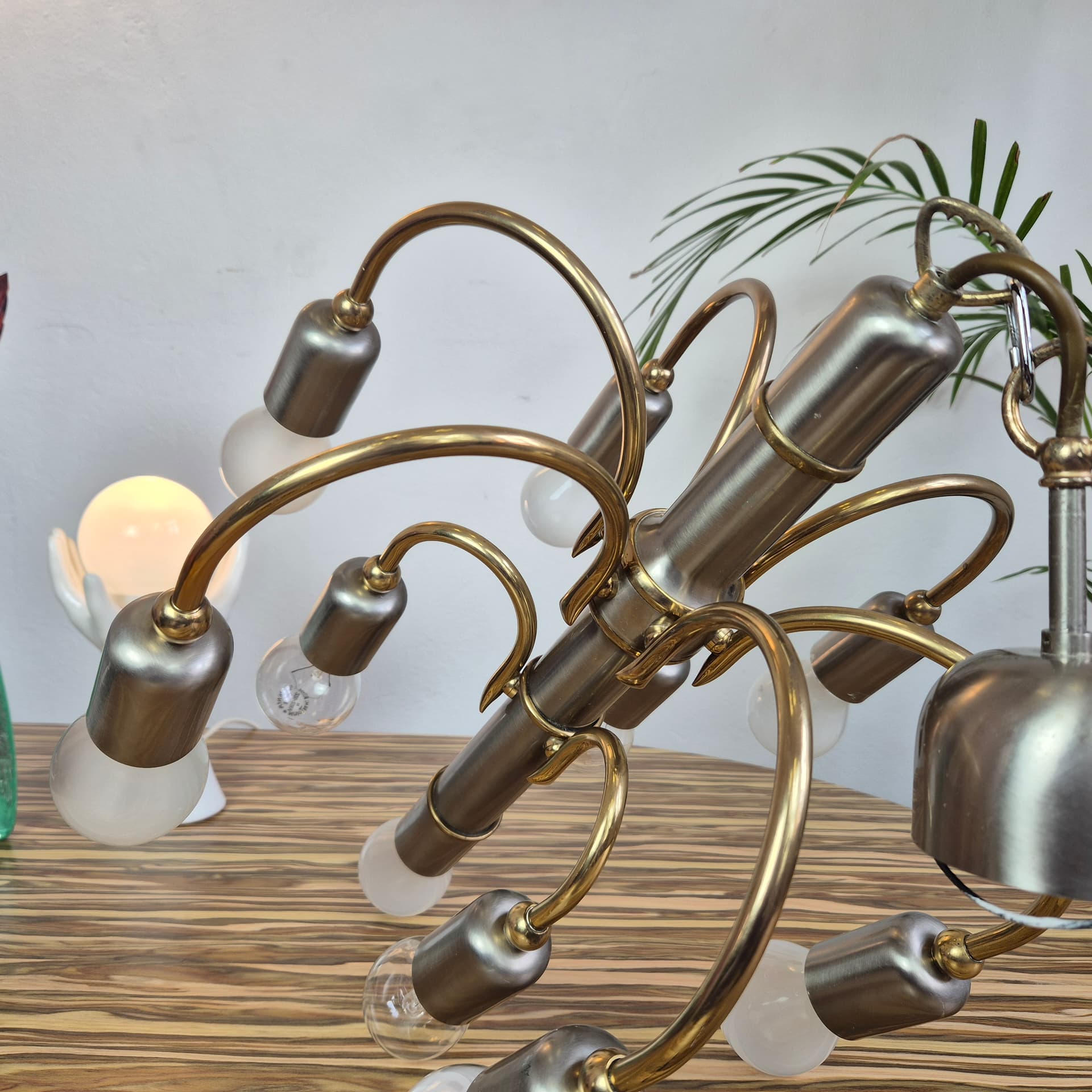 Chandelier, silver gold, steel brass, TZ Leuchten, Germany, 1980s. - 366664