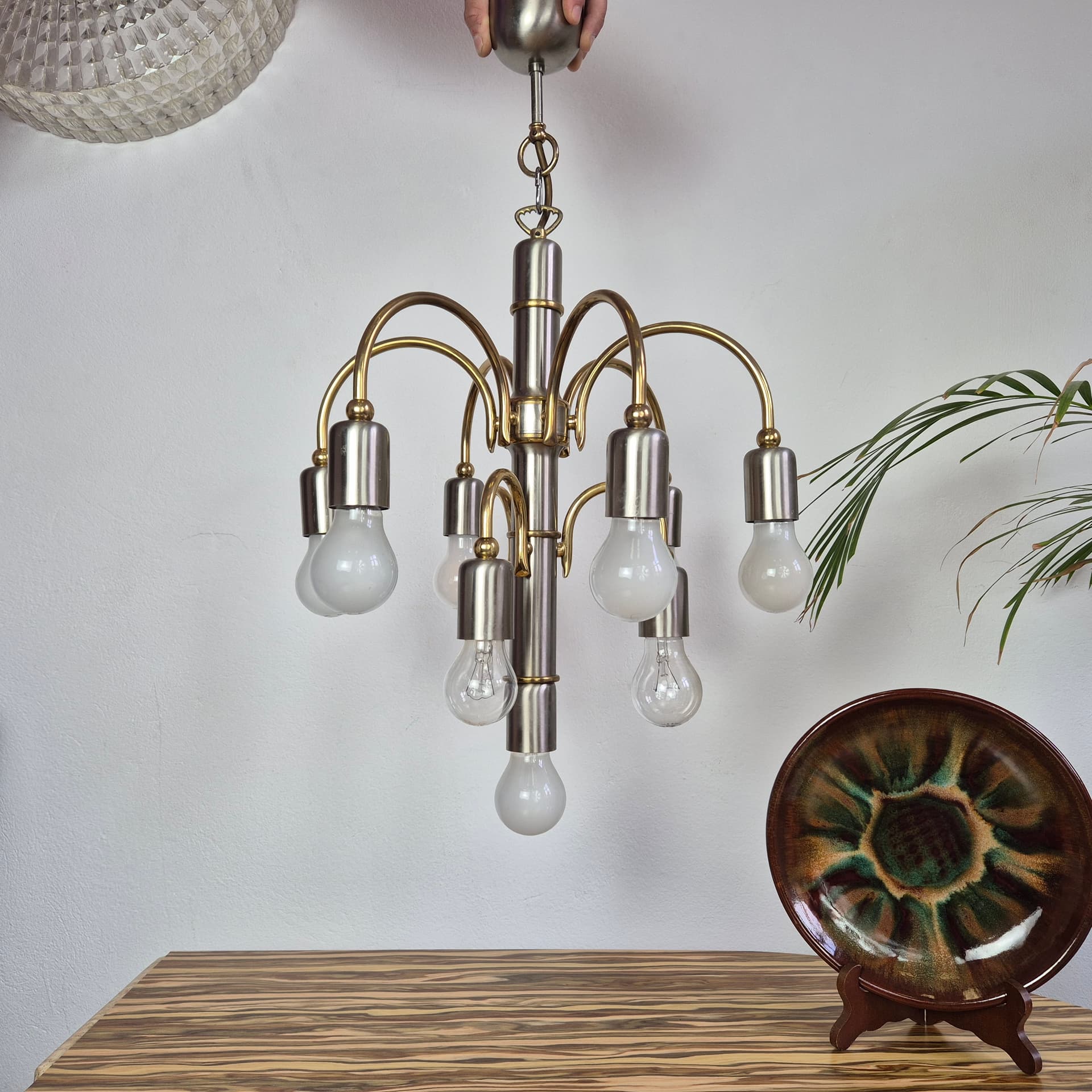 Chandelier, silver gold, steel brass, TZ Leuchten, Germany, 1980s. - 366666