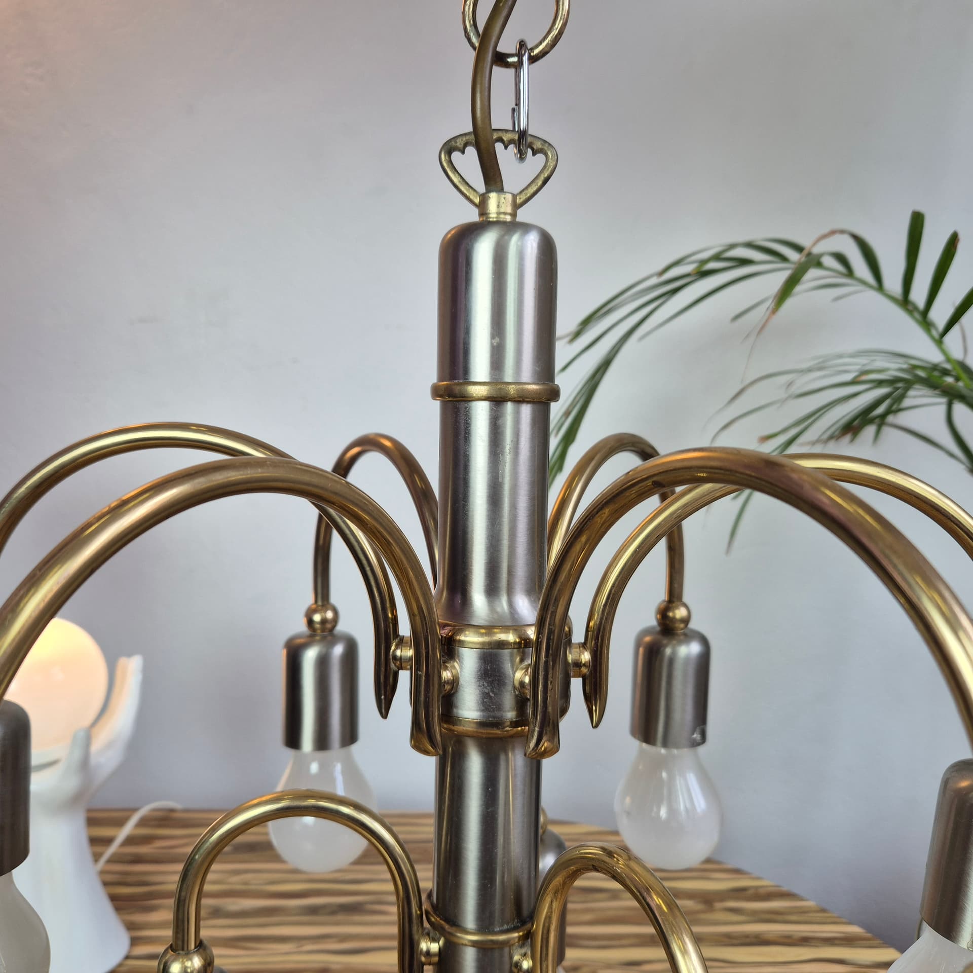 Chandelier, silver gold, steel brass, TZ Leuchten, Germany, 1980s. - 366665