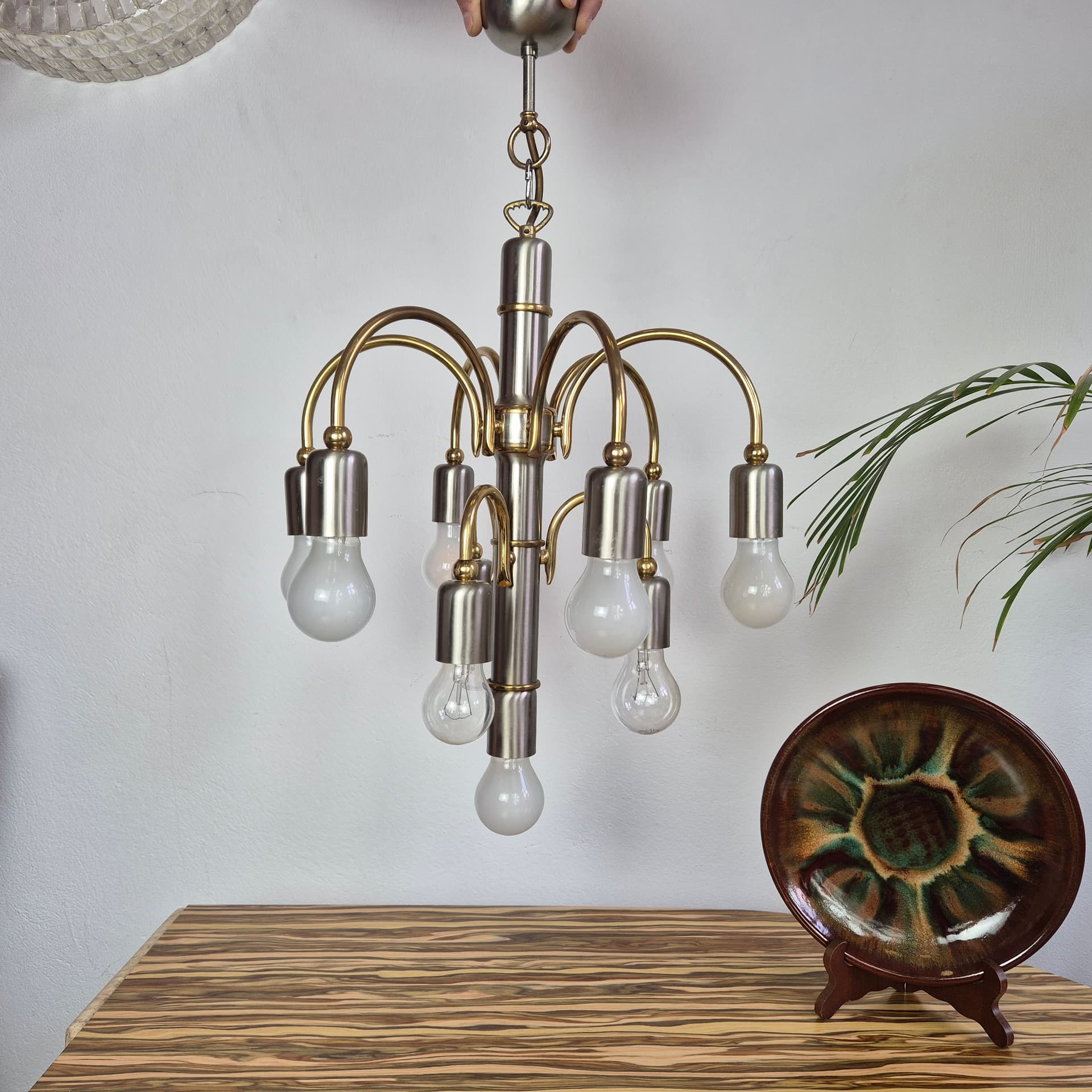 Chandelier, silver gold, steel brass, TZ Leuchten, Germany, 1980s. - 366661