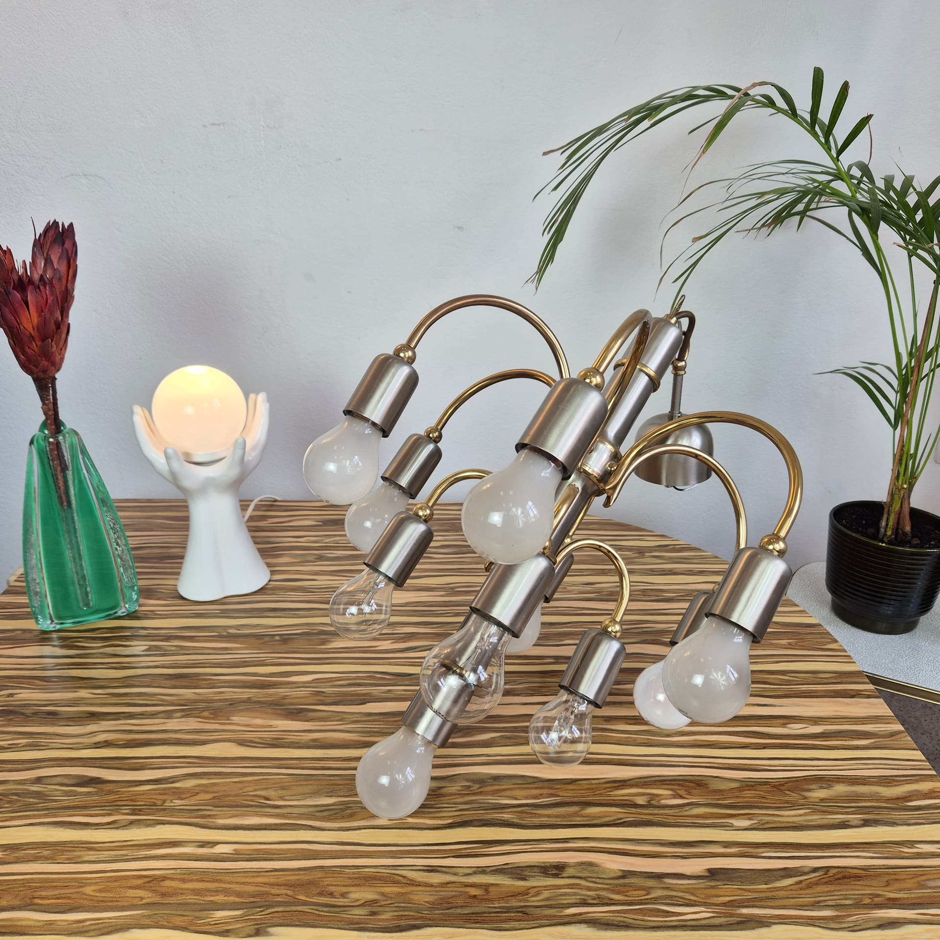 Chandelier, silver gold, steel brass, TZ Leuchten, Germany, 1980s. - 366662