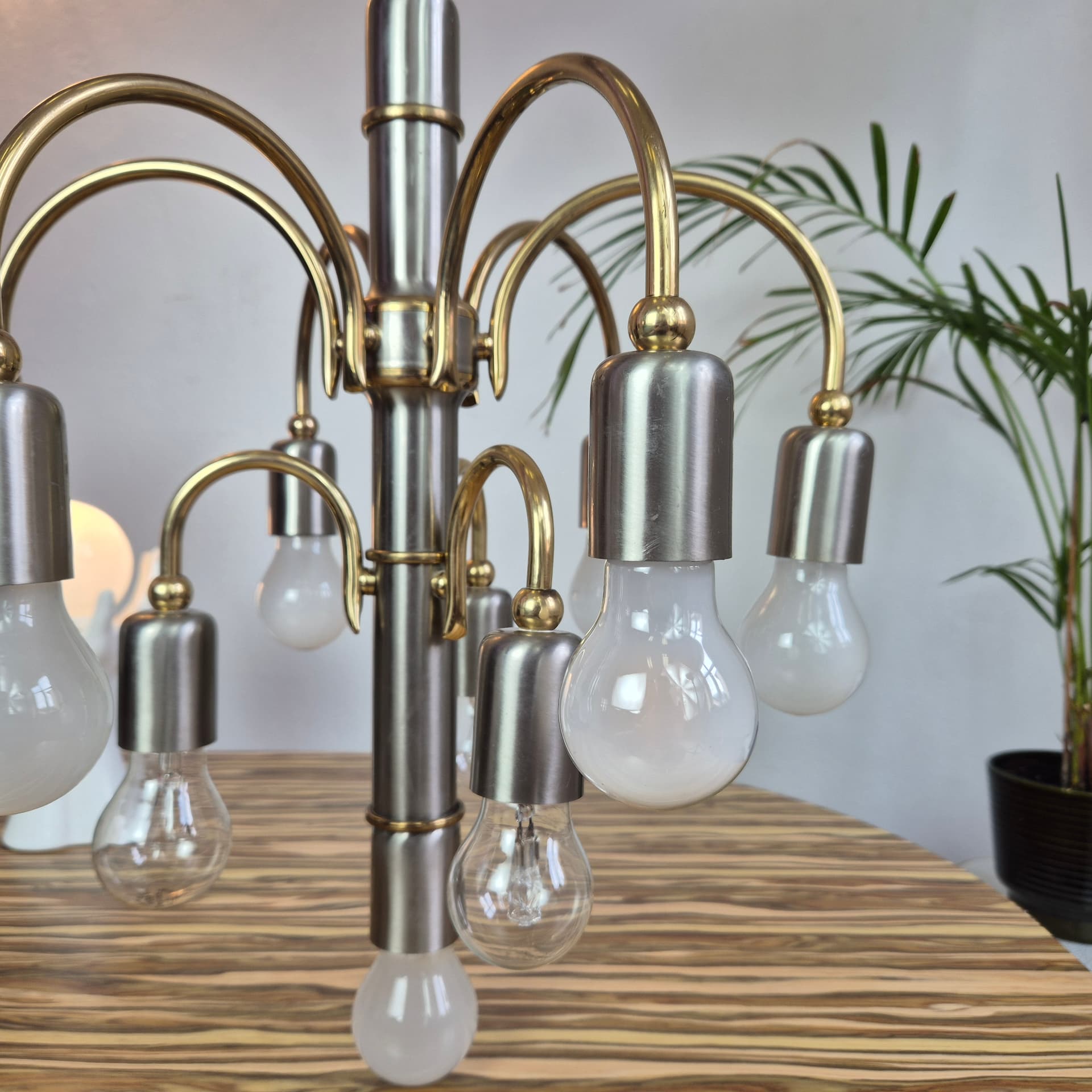 Chandelier, silver gold, steel brass, TZ Leuchten, Germany, 1980s. - 366667