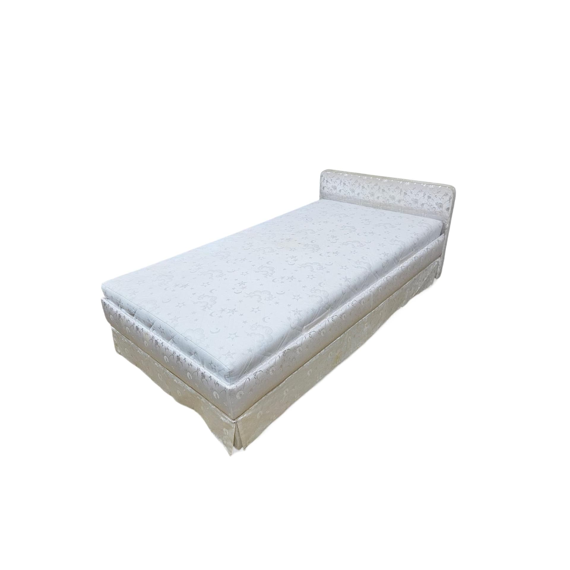 Single bed, beige jacquard, wood, France, 1970s.