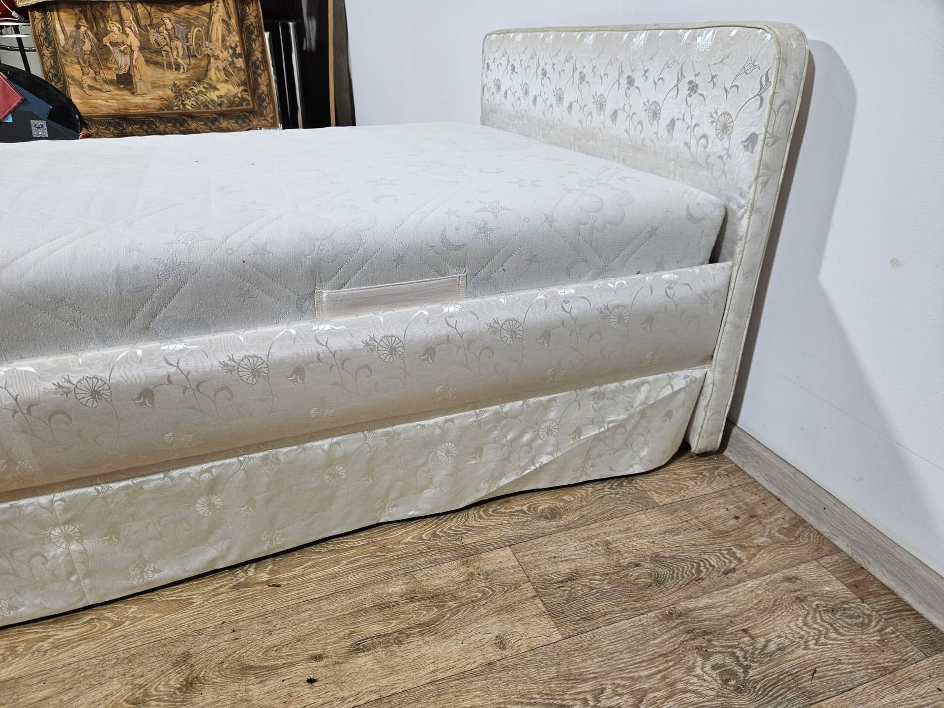 Single bed, beige jacquard, wood, France, 1970s. - 366736