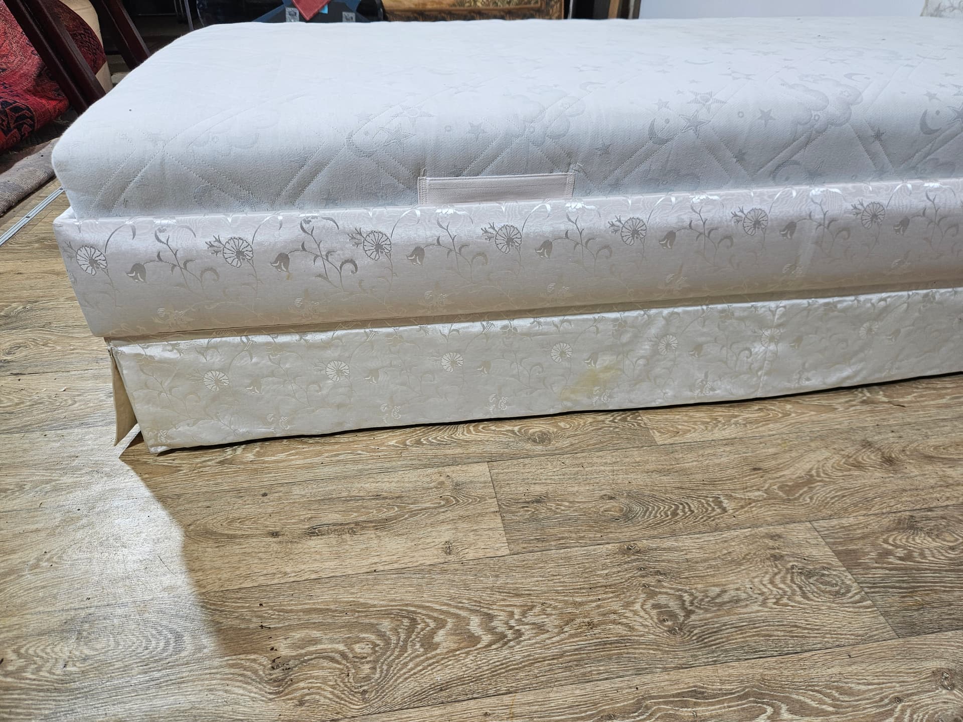 Single bed, beige jacquard, wood, France, 1970s. - 366742