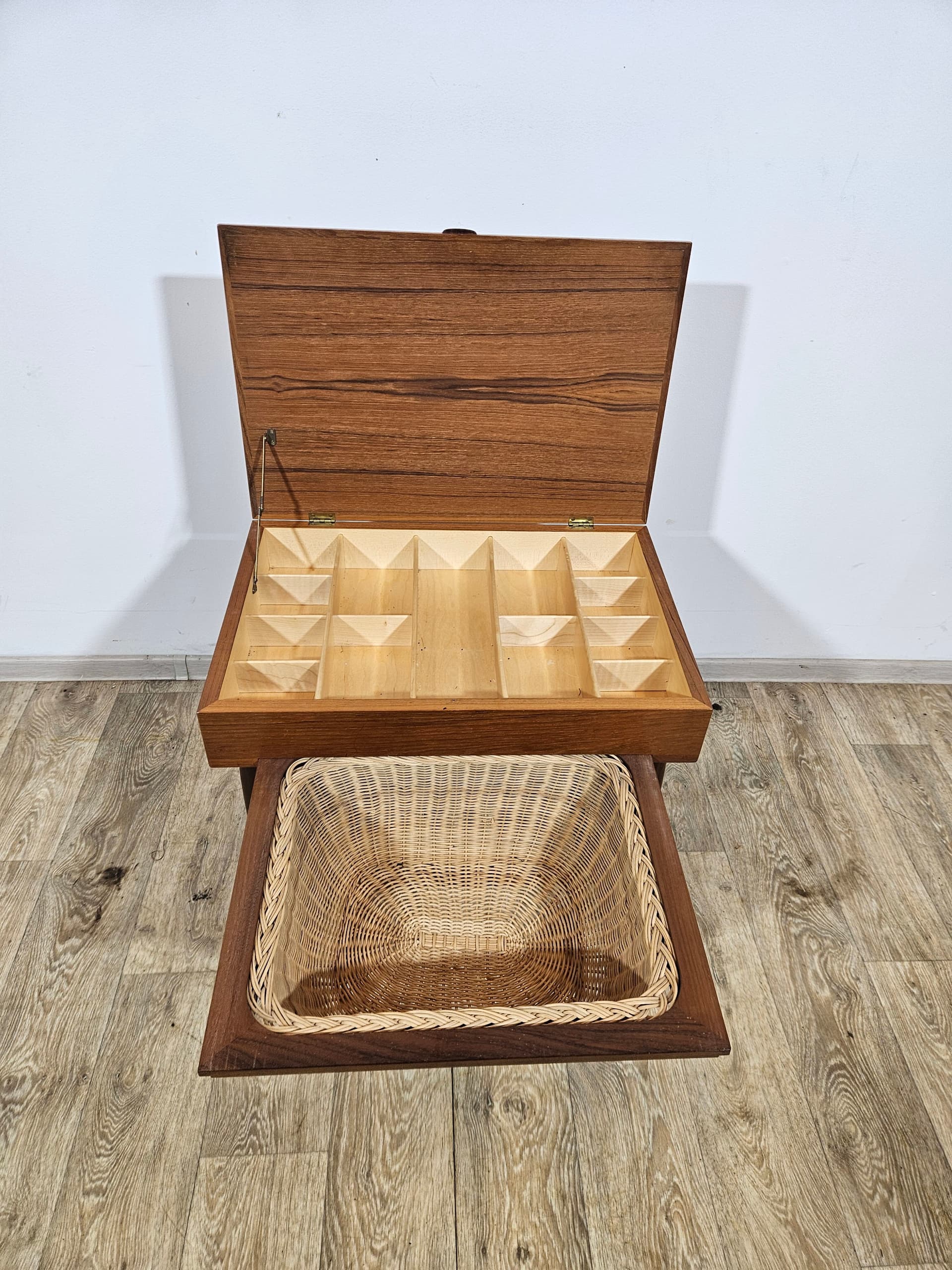 Sewing table, brown teak, beige rattan, by E. Johansson, Denmark, 1960s - 366780