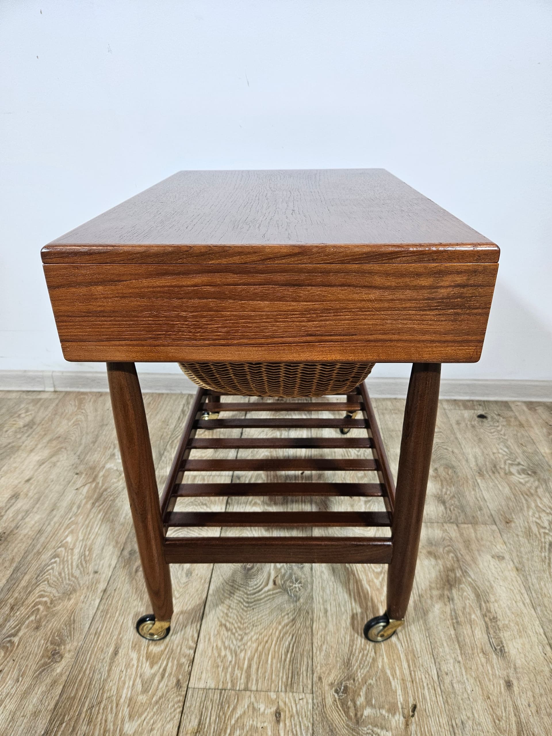 Sewing table, brown teak, beige rattan, by E. Johansson, Denmark, 1960s - 366769