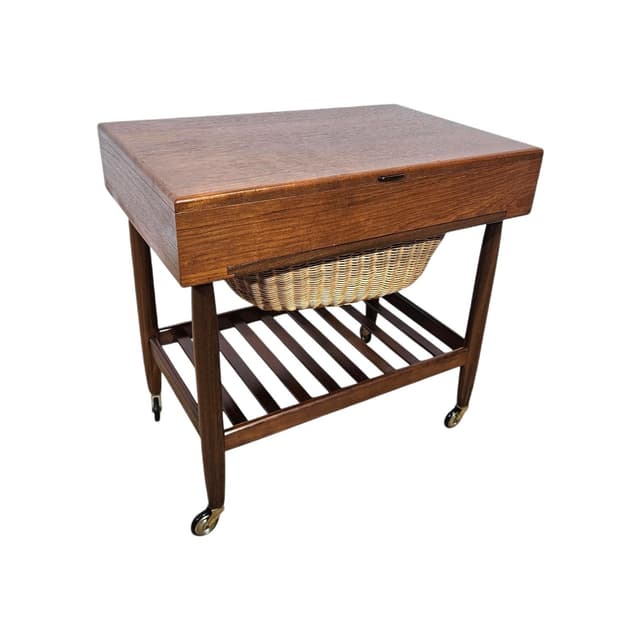 Sewing table, brown teak, beige rattan, by E. Johansson, Denmark, 1960s - DIMENSION