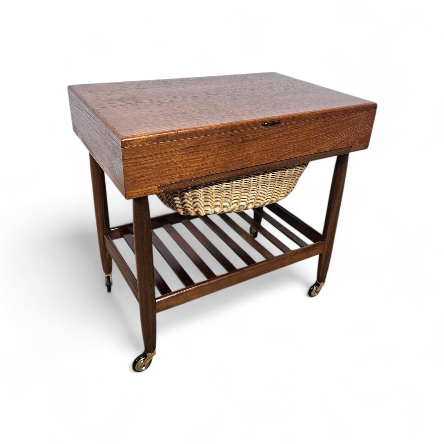 Sewing table, brown teak, beige rattan, by E. Johansson, Denmark, 1960s - 366782