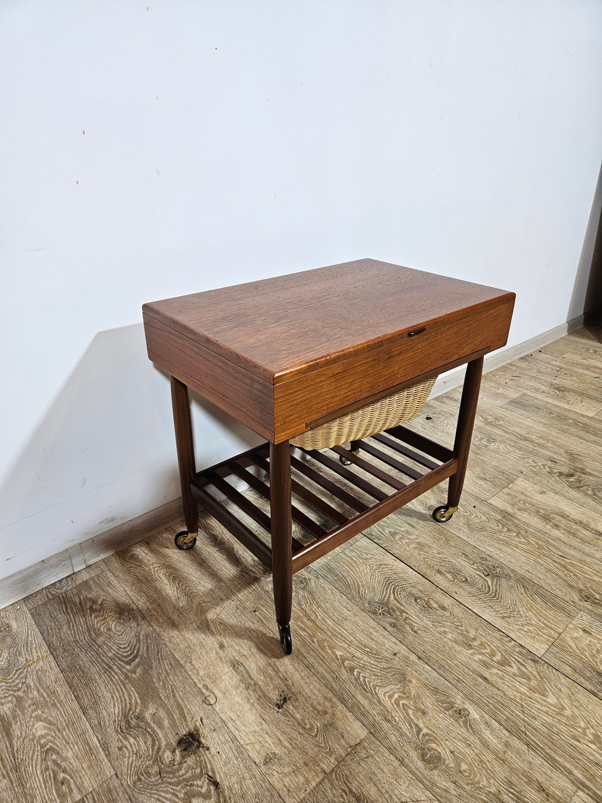 Sewing table, brown teak, beige rattan, by E. Johansson, Denmark, 1960s - 366774