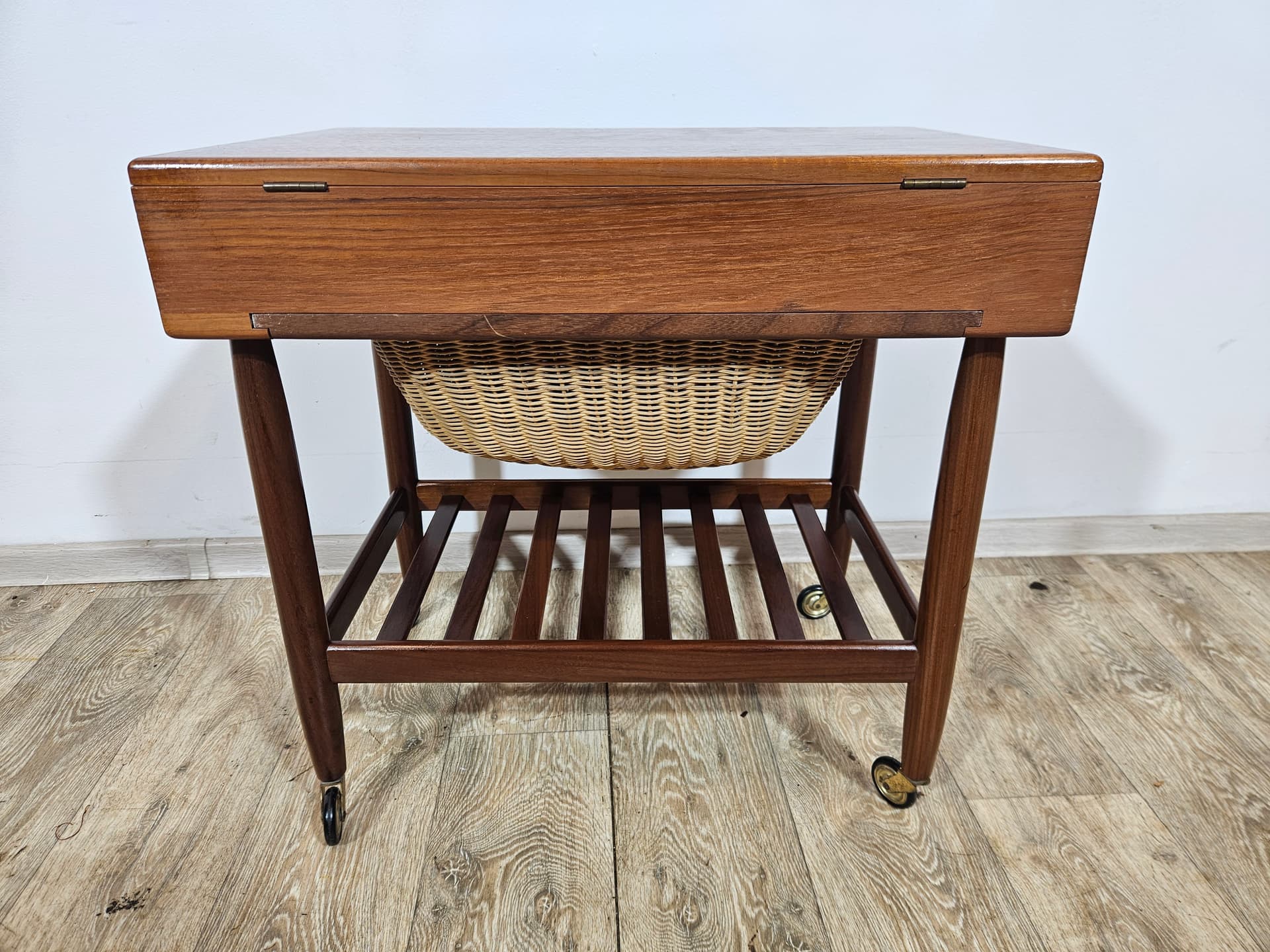 Sewing table, brown teak, beige rattan, by E. Johansson, Denmark, 1960s - 366775