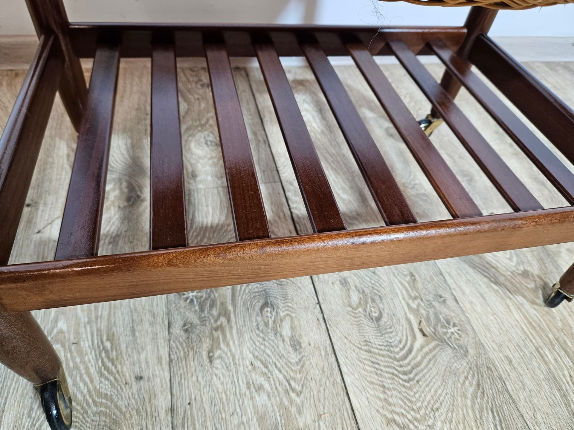 Sewing table, brown teak, beige rattan, by E. Johansson, Denmark, 1960s - 366776