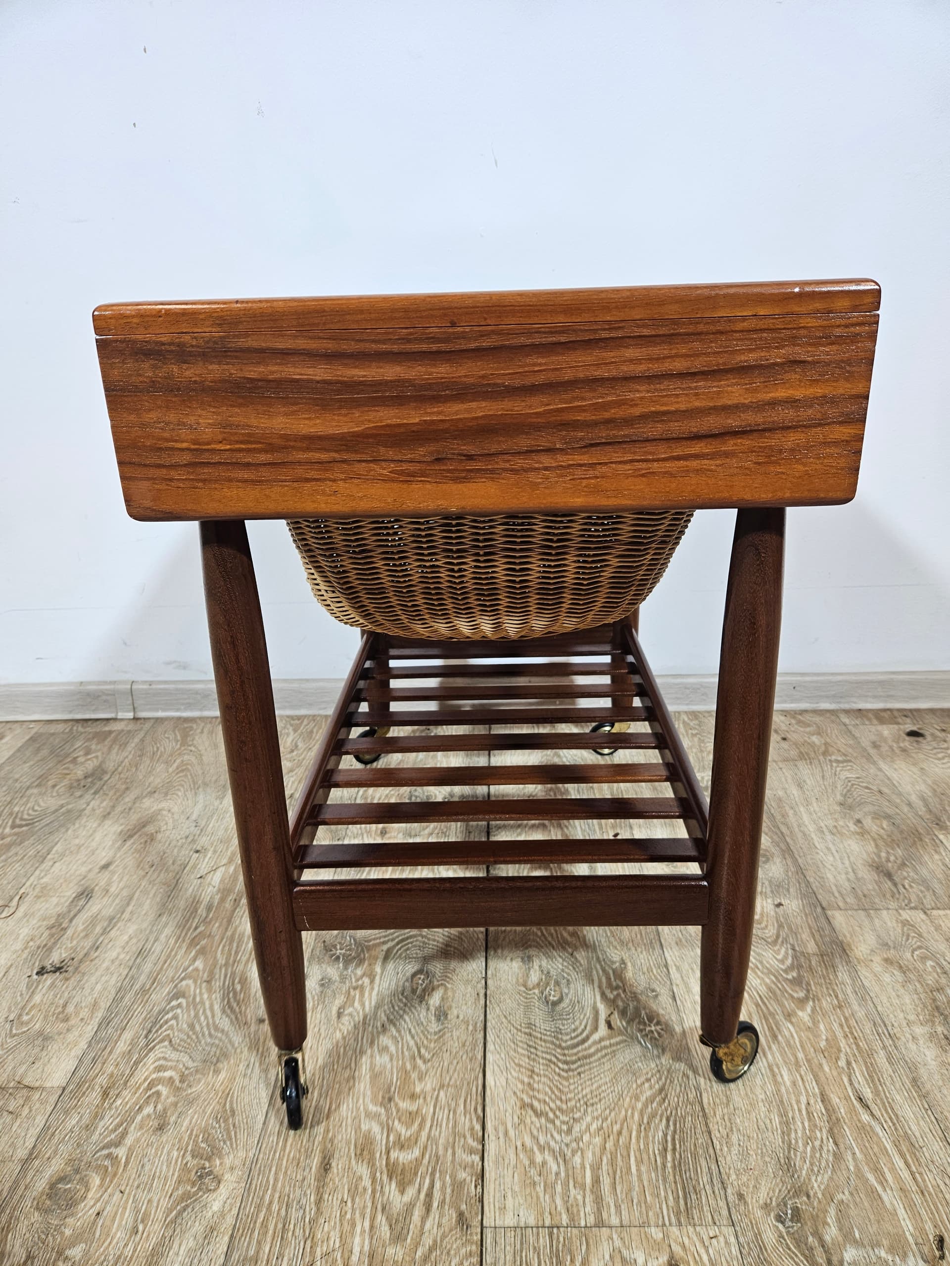 Sewing table, brown teak, beige rattan, by E. Johansson, Denmark, 1960s - 366771