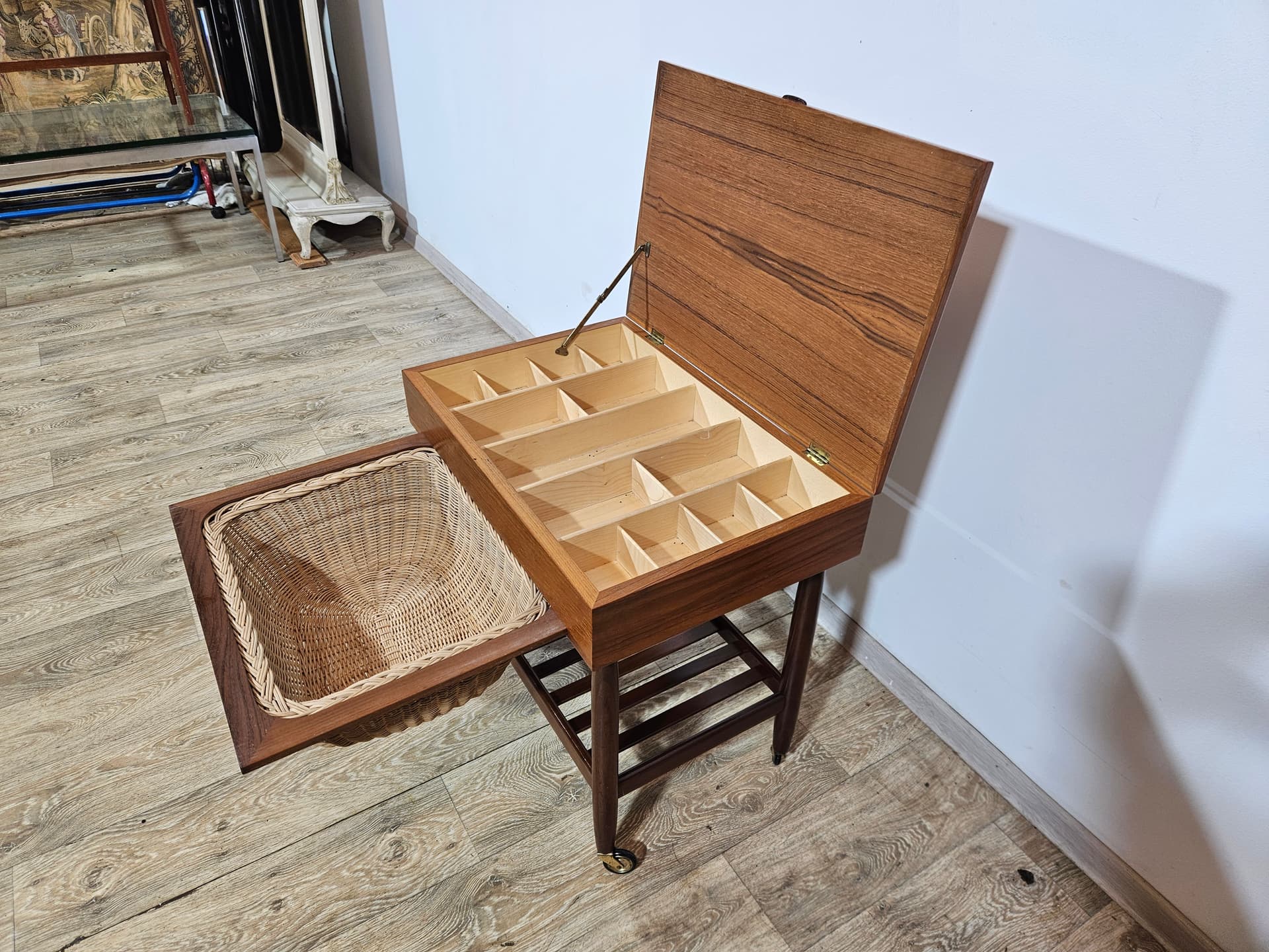 Sewing table, brown teak, beige rattan, by E. Johansson, Denmark, 1960s - 366779