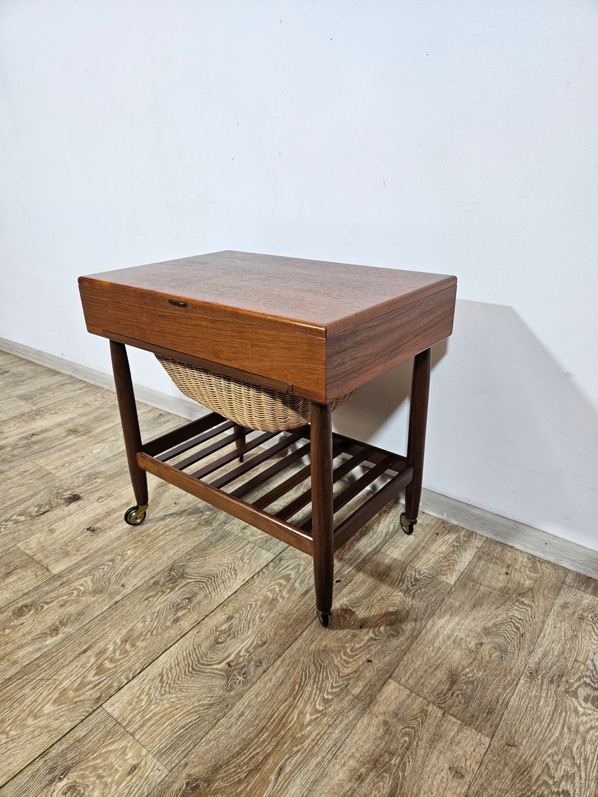 Sewing table, brown teak, beige rattan, by E. Johansson, Denmark, 1960s - 366773