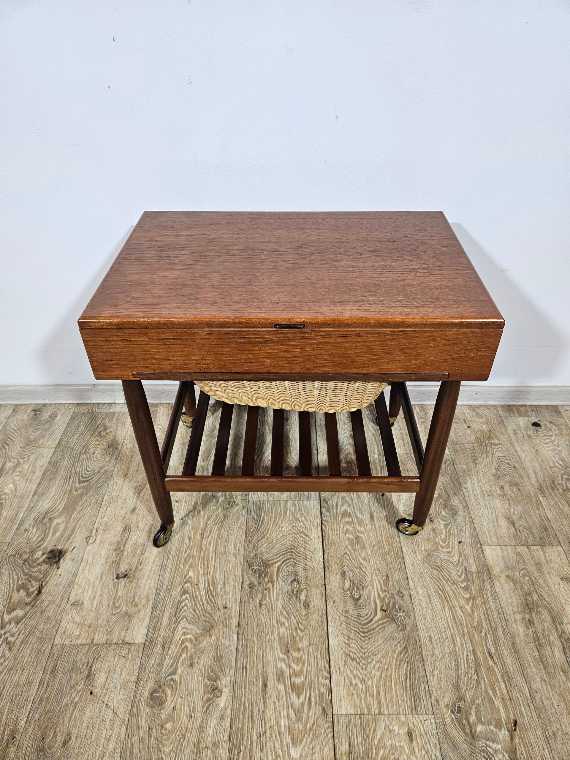 Sewing table, brown teak, beige rattan, by E. Johansson, Denmark, 1960s - 366778
