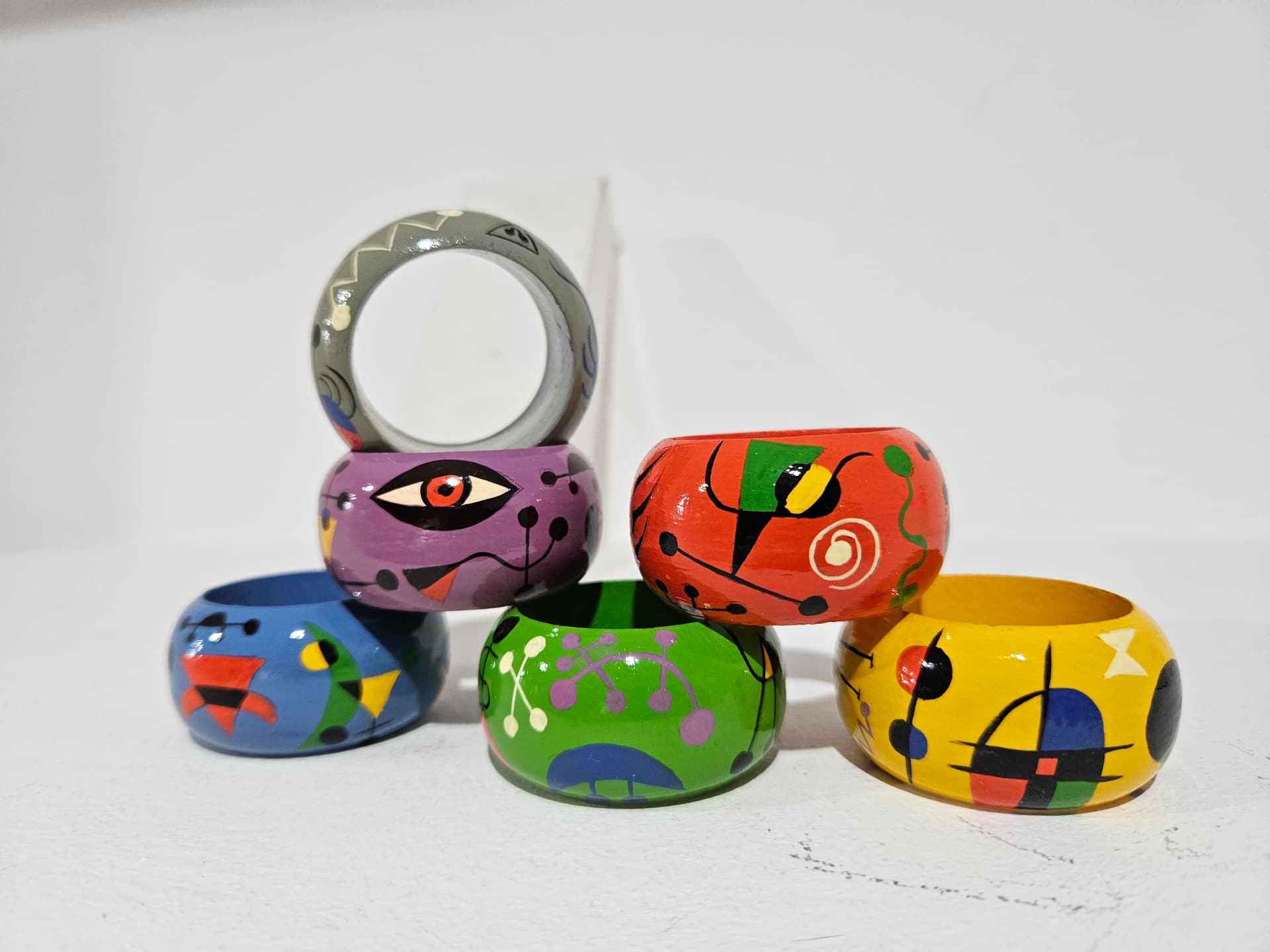 Set of six napkin rings, abstract, wood, 1980s - 366839